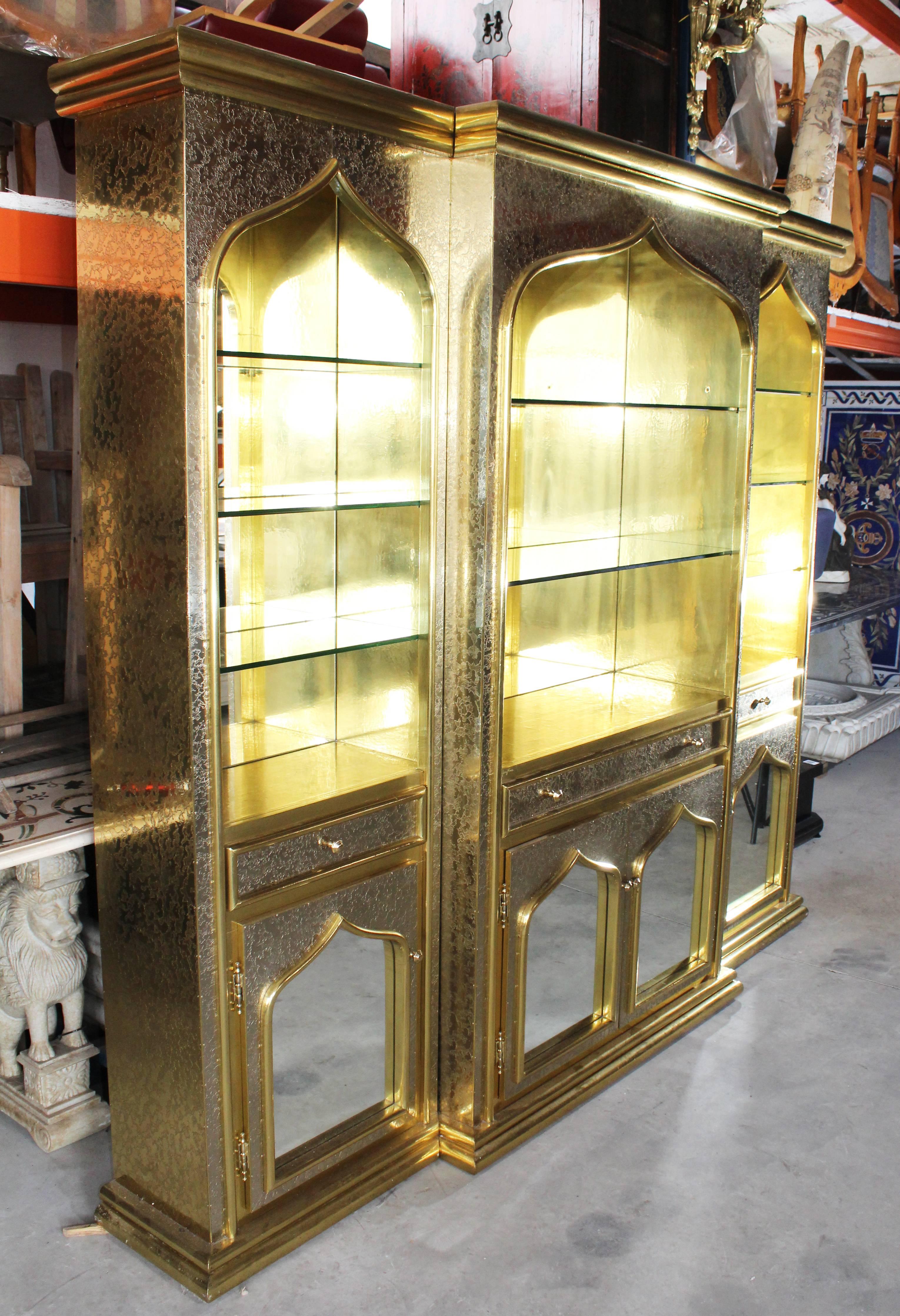 Spanish 1980s Gilded Brass and Mirrors Bookshelf Library by Gony Nava For Sale