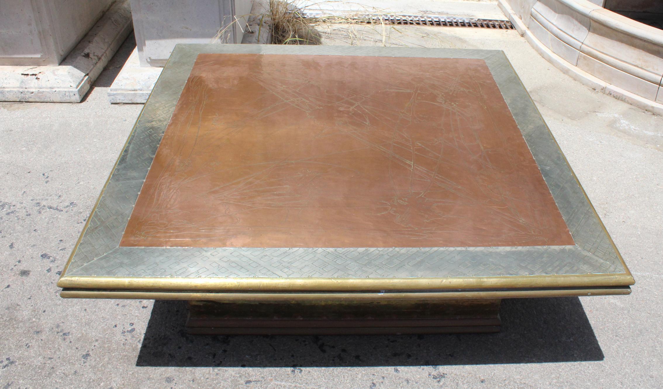 Spanish 1980s Gilded Brass Rodolfo Dubarry Square Coffee Table Made in Spain For Sale