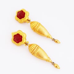 1980s Gilded Urn Statement Drop Earrings With Red Lucite Accents By Leslie Block
