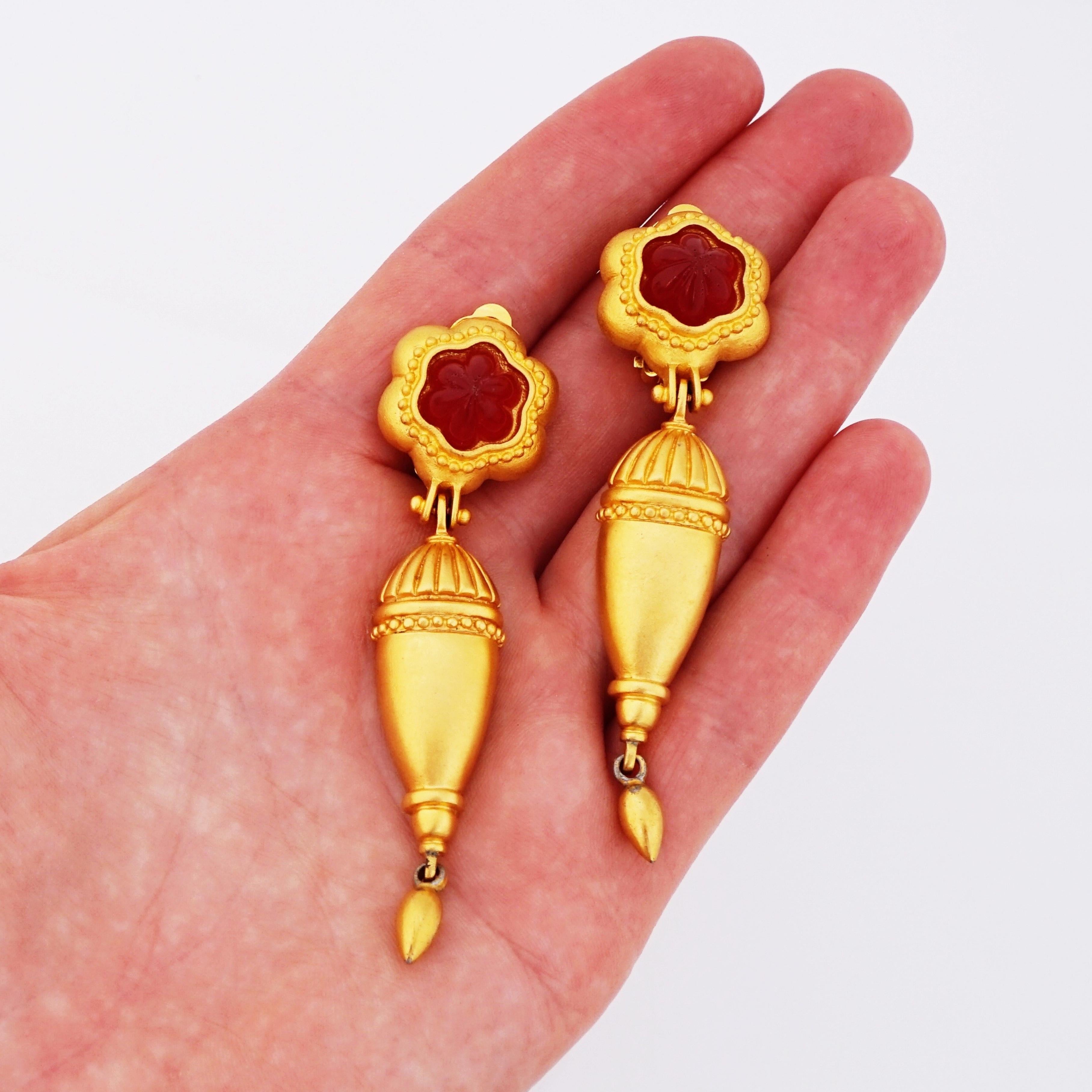 1980s Gilded Urn Statement Drop Earrings With Red Lucite Accents By Leslie Block In Good Condition For Sale In McKinney, TX