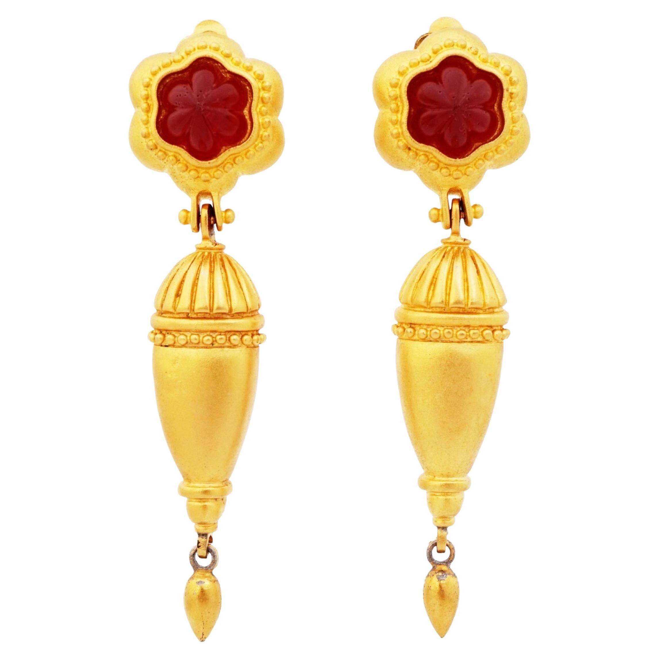 1980s Gilded Urn Statement Drop Earrings With Red Lucite Accents By Leslie Block For Sale