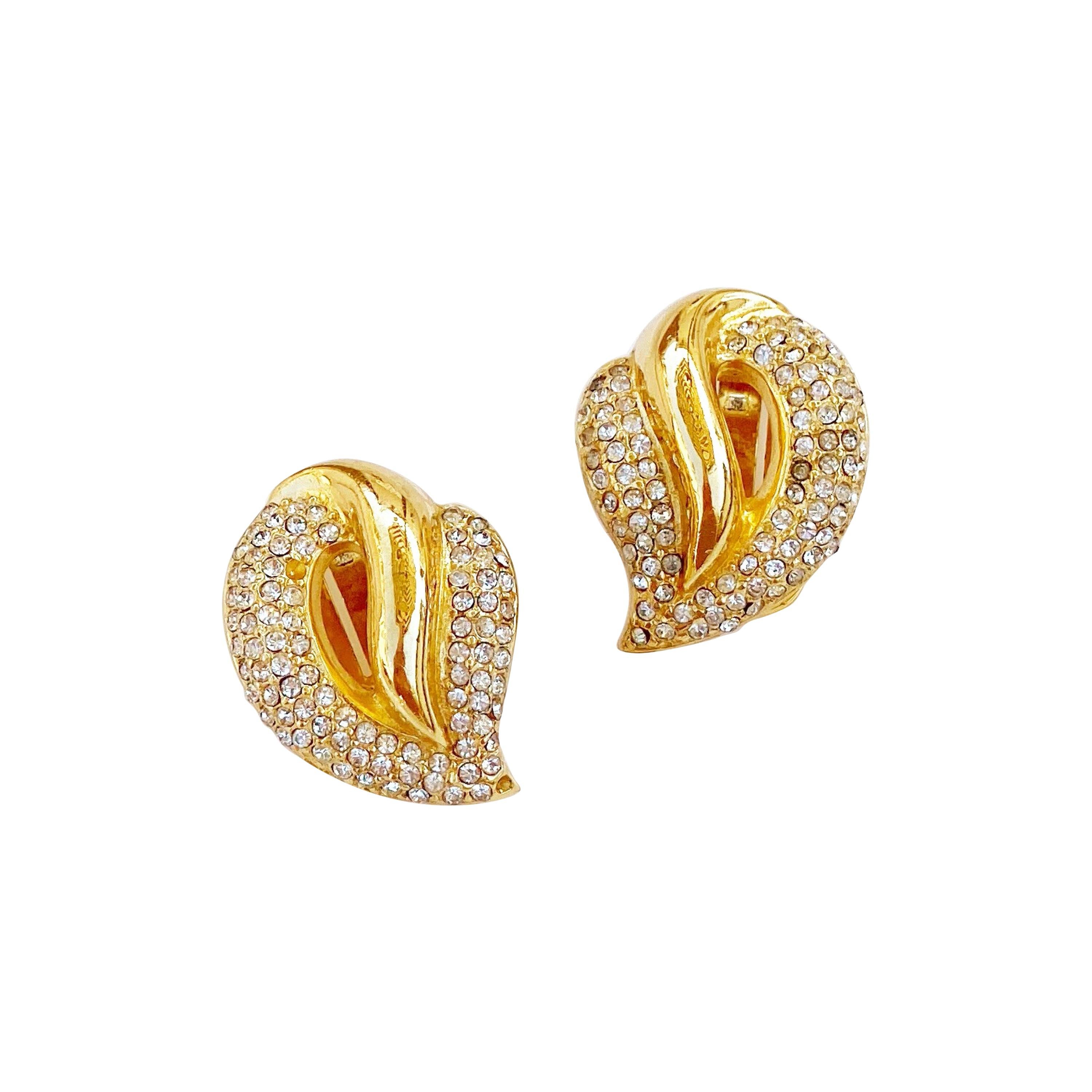 1980s Gilt Abstract Leaf Earrings With Crystal Rhinestone Pavé By Christian Dior For Sale