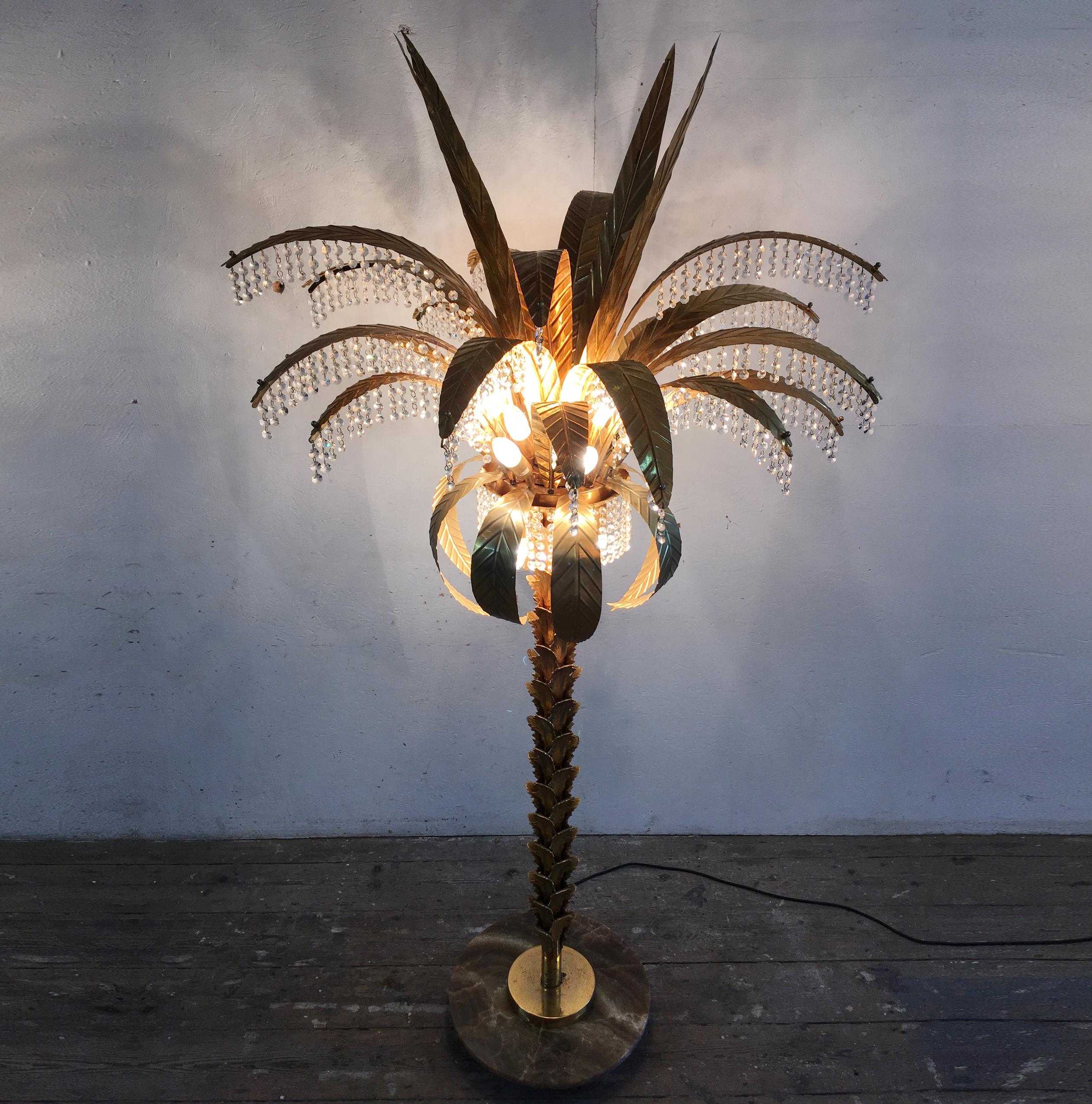 Brass 1980s Gilt Crystal Palm Tree Floor Lamp