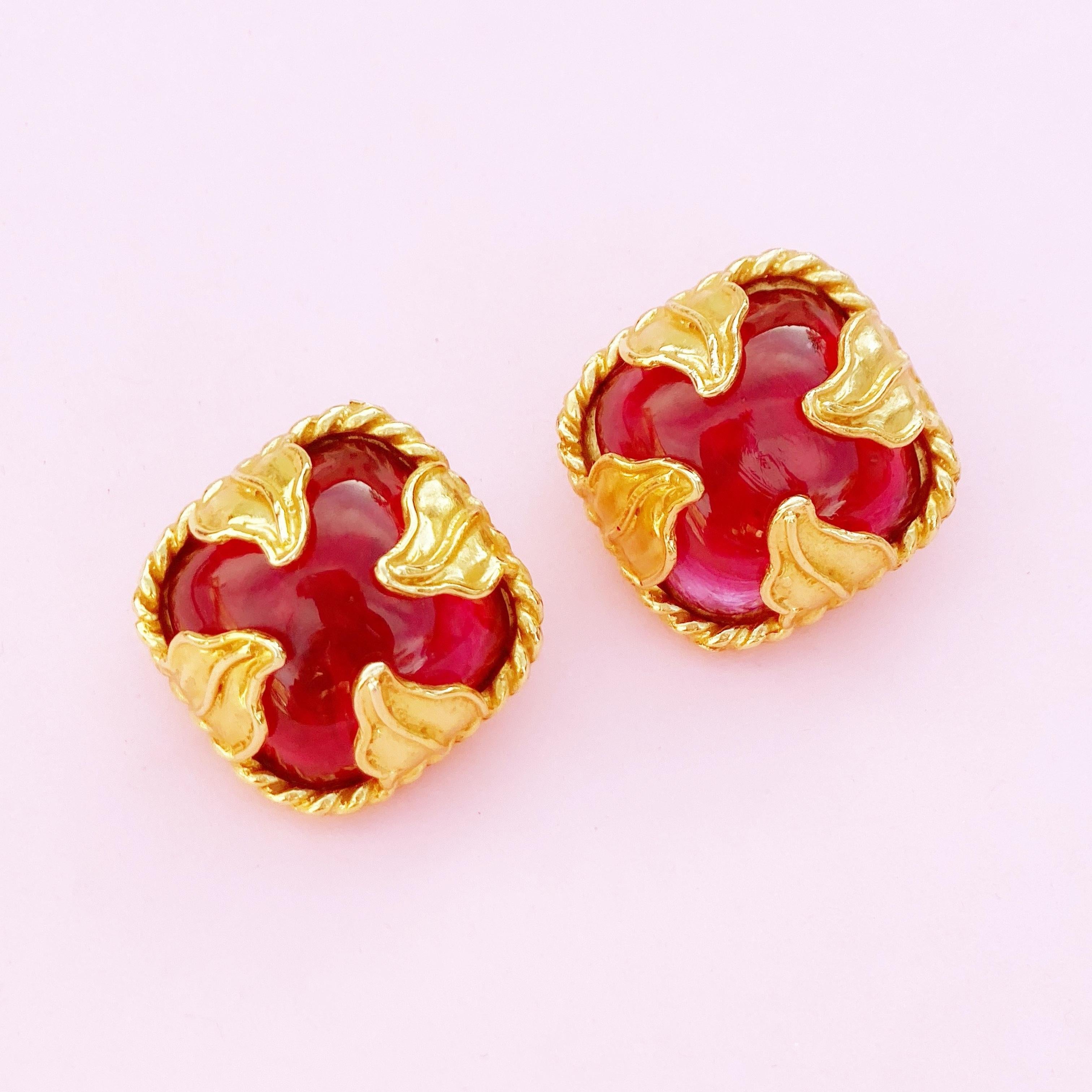 Modern 1980s Gilt Leaves & Red Gripoix Glass Statement Earrings by Dominique Aurientis