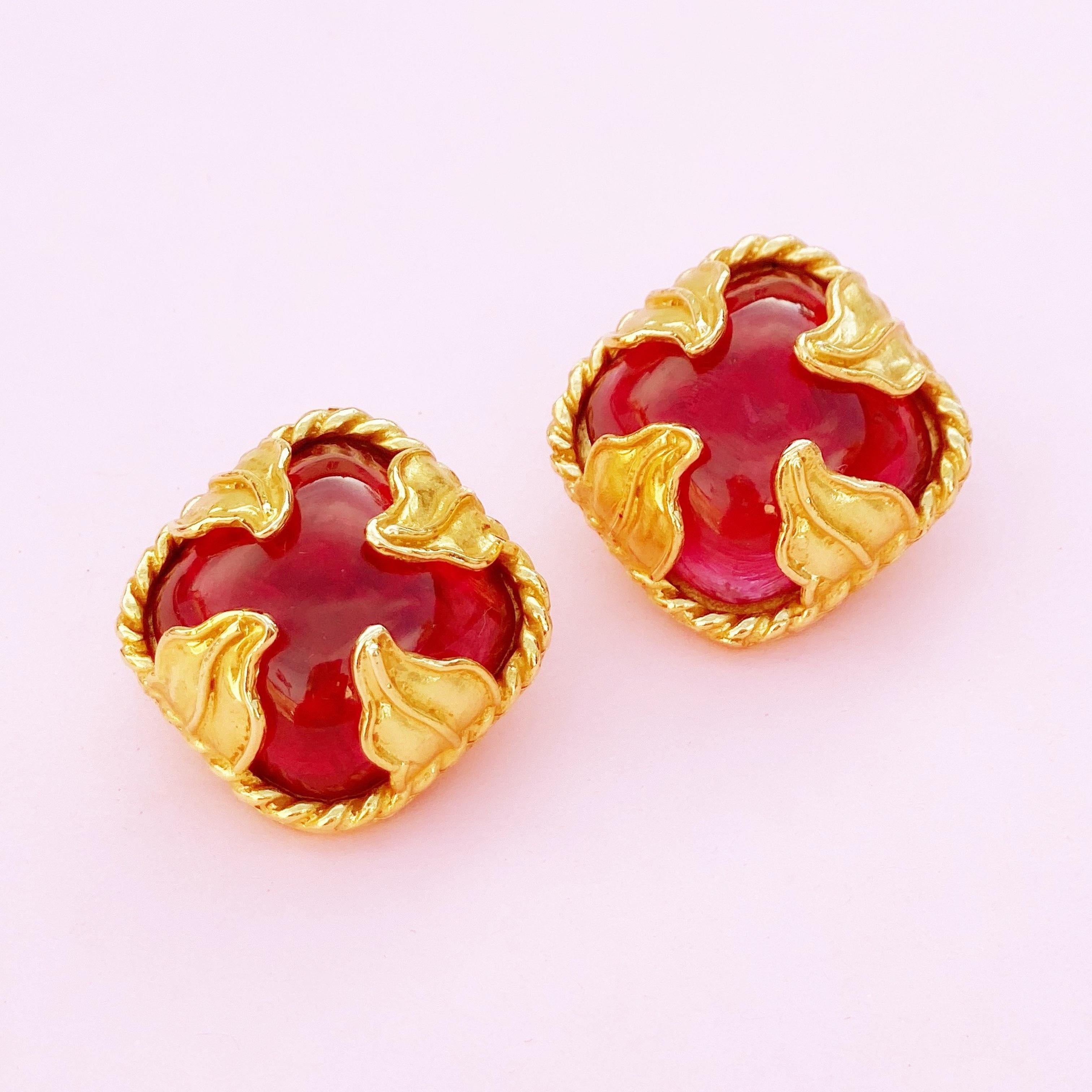 1980s Gilt Leaves & Red Gripoix Glass Statement Earrings by Dominique Aurientis In Excellent Condition In McKinney, TX
