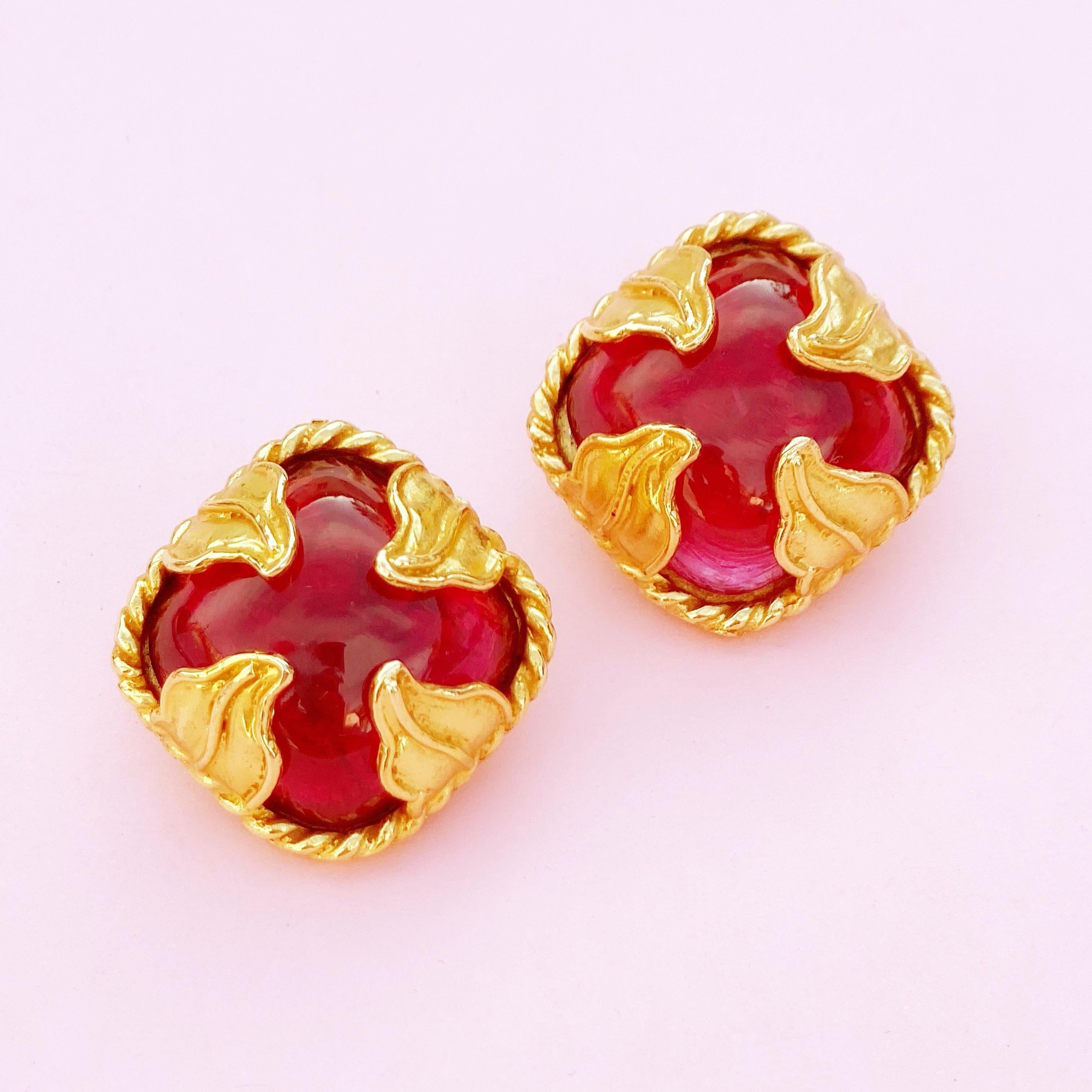 Women's 1980s Gilt Leaves & Red Gripoix Glass Statement Earrings by Dominique Aurientis
