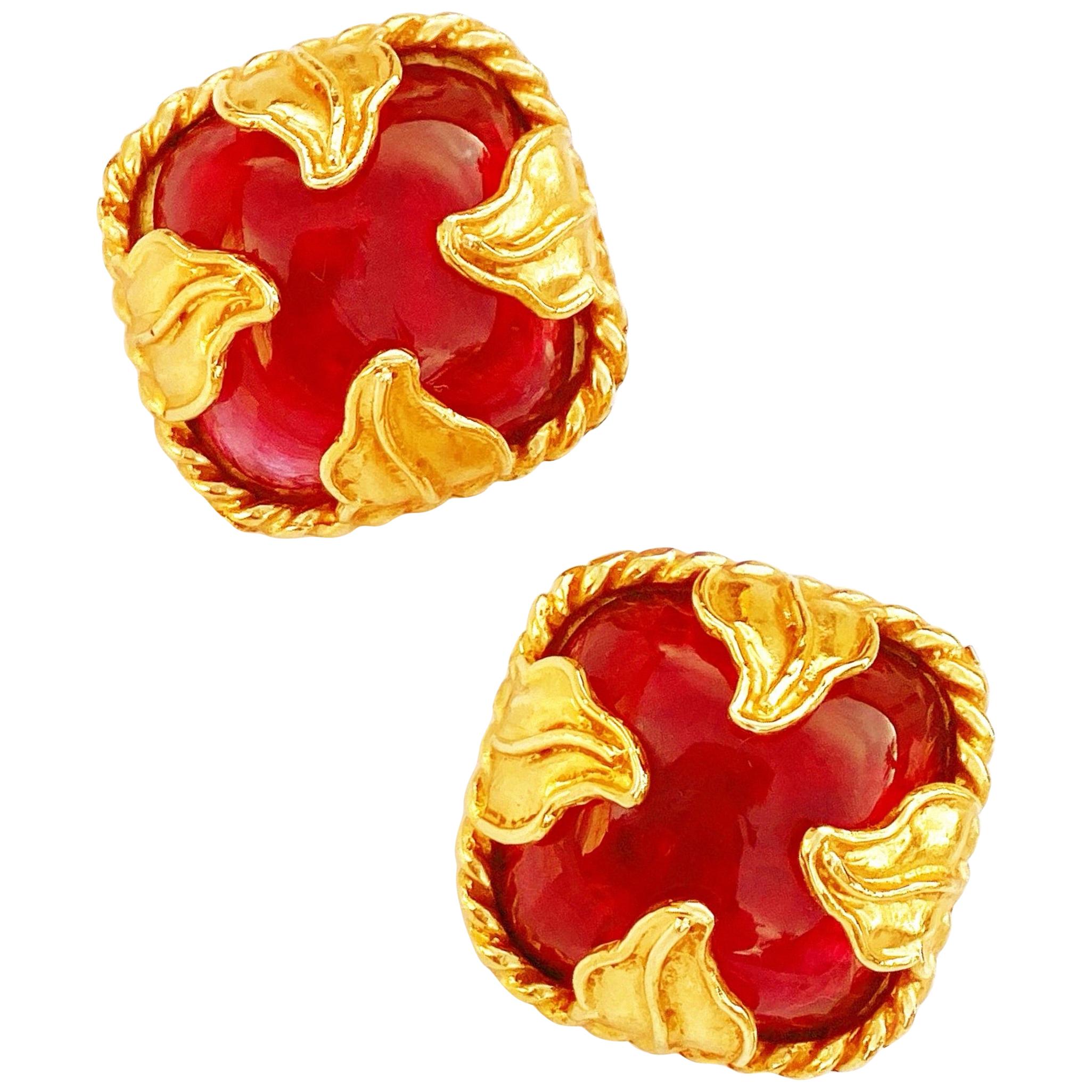 1980s Gilt Leaves & Red Gripoix Glass Statement Earrings by Dominique Aurientis