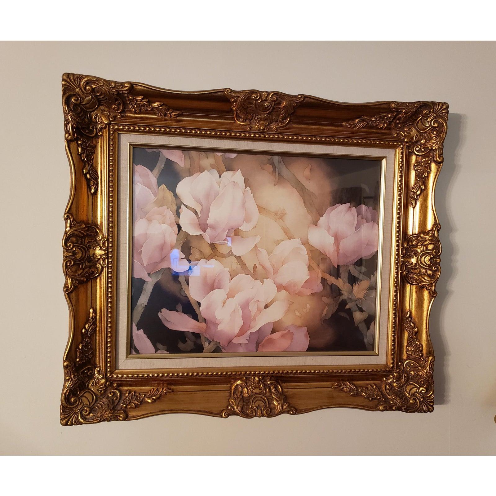 Impression de fleurs avec cadre en bois doré des années 1980 en vente 4