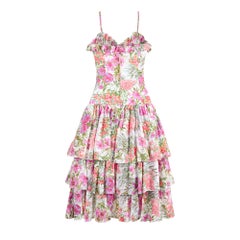 1980s Gina Fratini White Floral Ruffle Skirt Strappy Dress