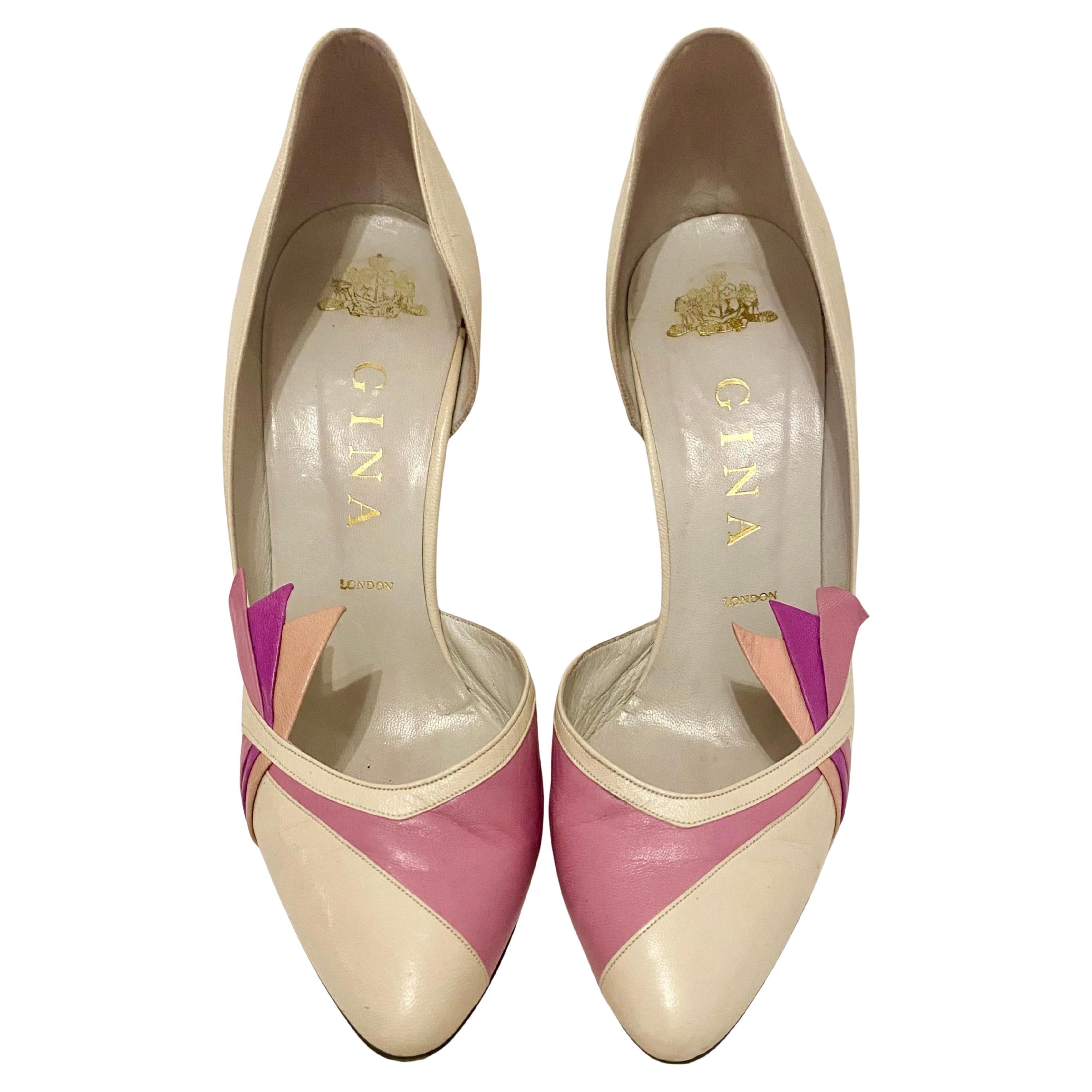 1980s Gina London Vintage Pink Cream Leather Pumps For Sale