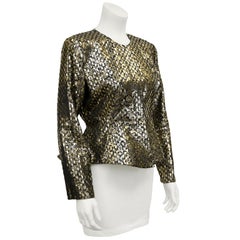 1980s Giorgio Armani Black and Gold Metallic Brocade Peplum Jacket