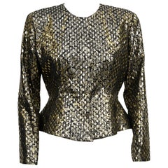 1980s Giorgio Armani Black and Gold Metallic Brocade Peplum Jacket