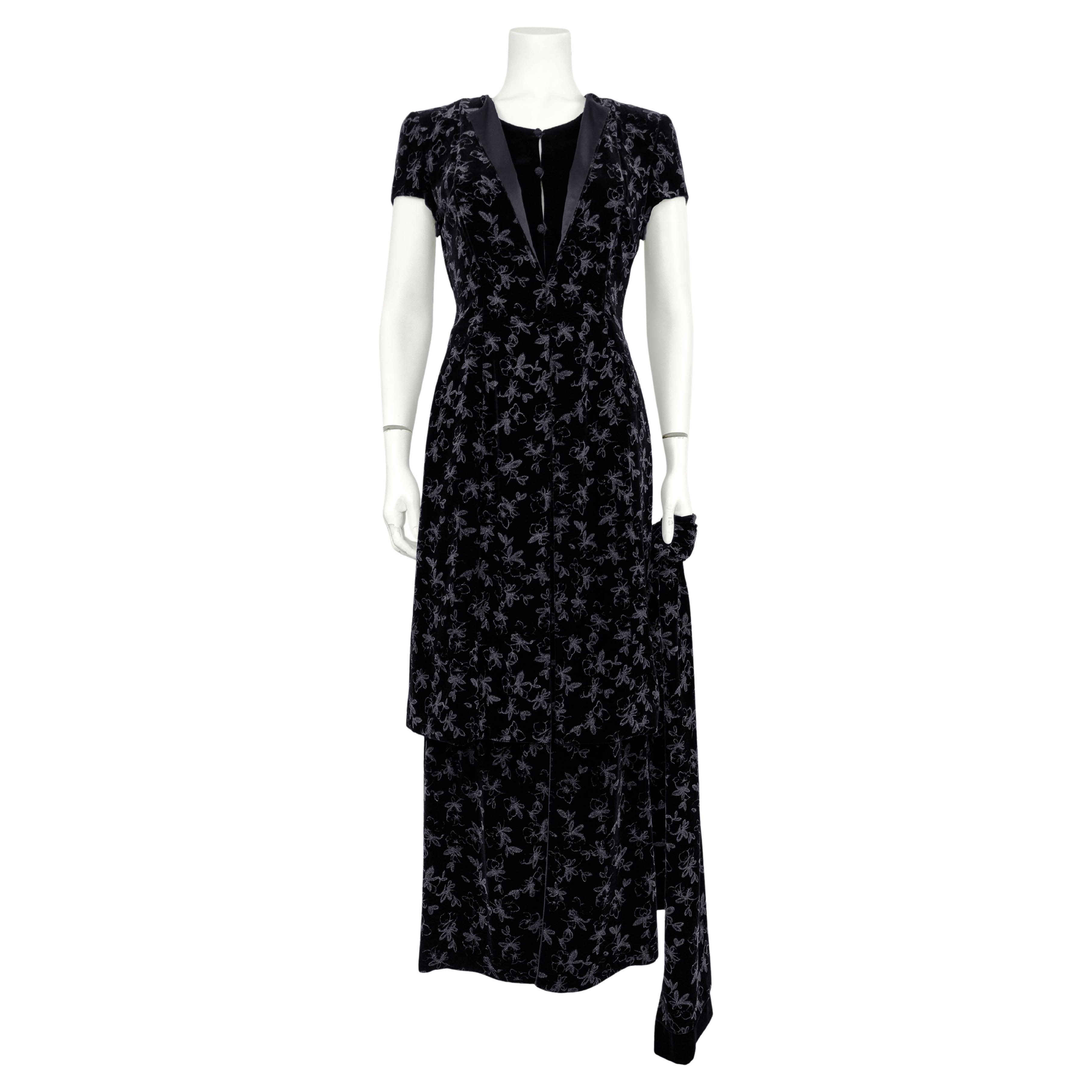 1980s Giorgio Armani Black Painted Velvet Skirt Ensemble For Sale