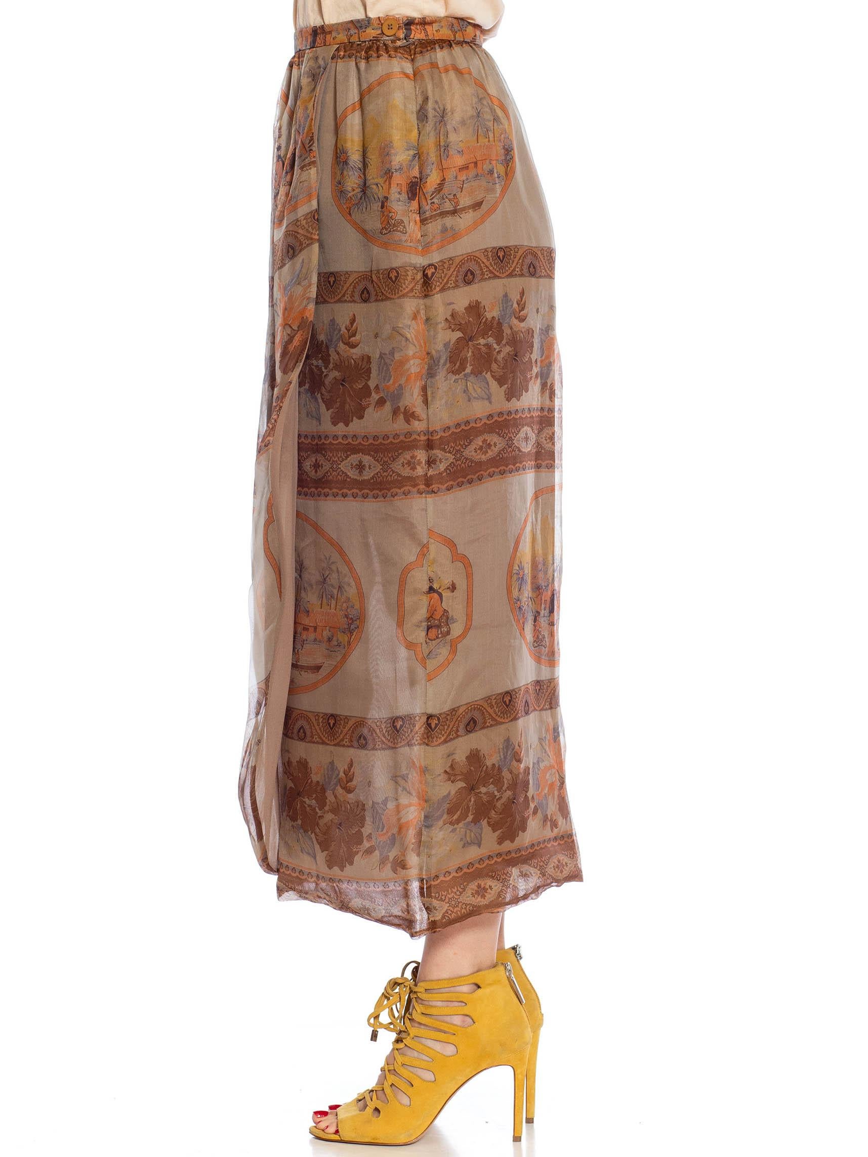 Made in Italy 1980S GIORGIO ARMANI Grey & Orange Silk Gazzar Tropical Safari Print Skirt 