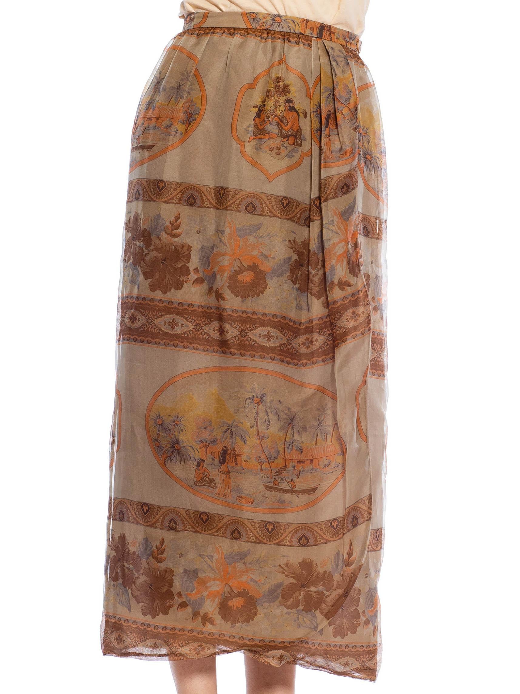 1980S GIORGIO ARMANI Grey & Orange Silk Gazzar Tropical Safari Print Skirt In Excellent Condition For Sale In New York, NY