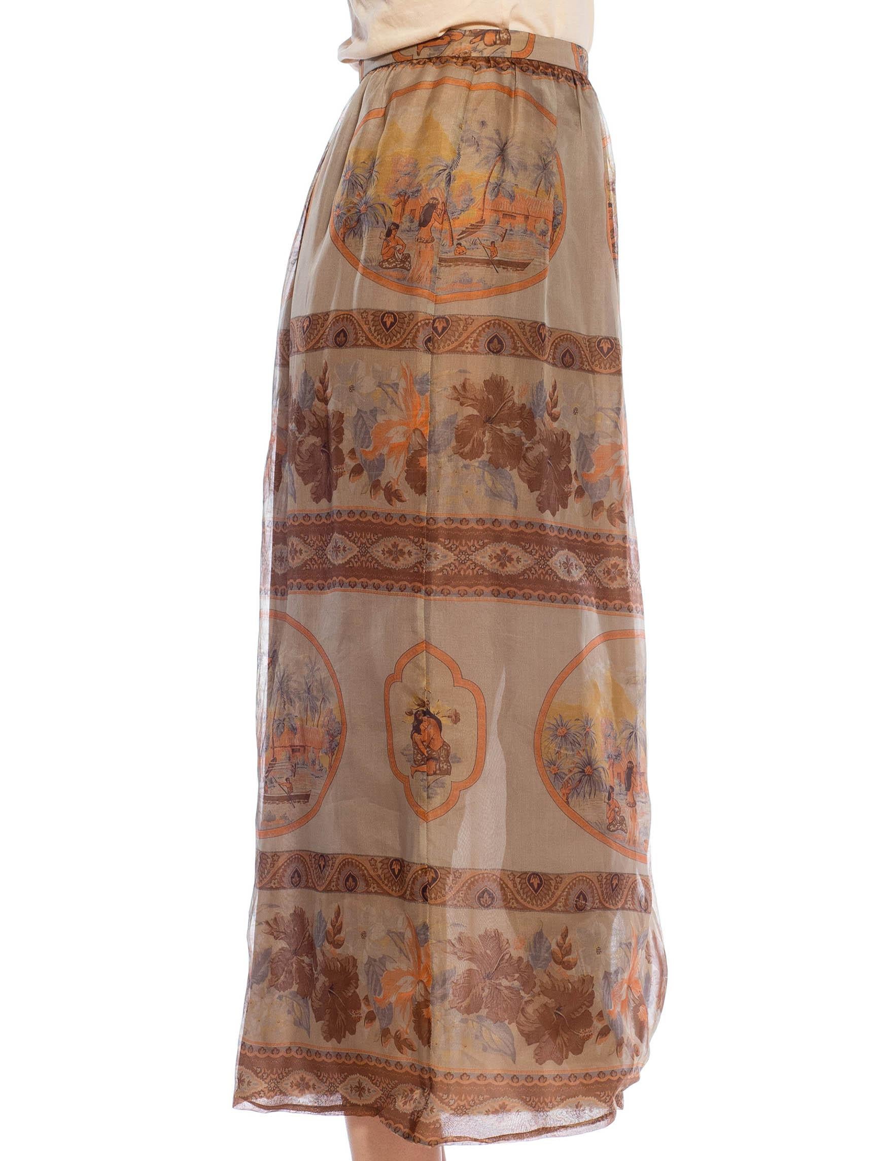 1980S GIORGIO ARMANI Grey & Orange Silk Gazzar Tropical Safari Print Skirt For Sale 1