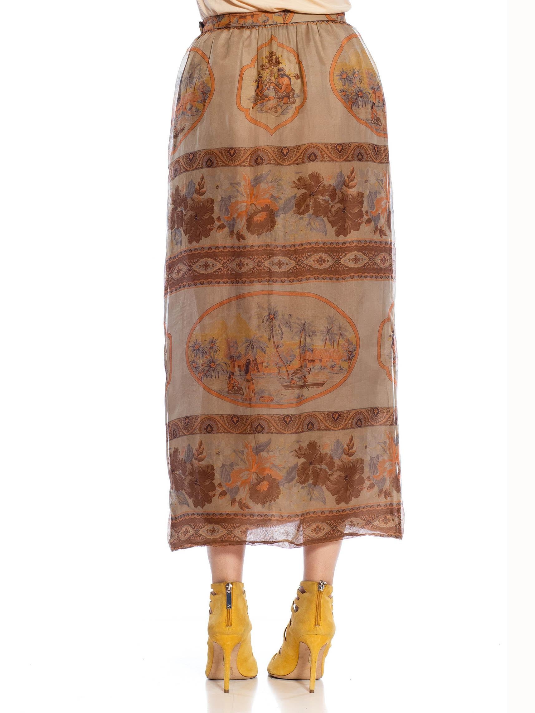1980S GIORGIO ARMANI Grey & Orange Silk Gazzar Tropical Safari Print Skirt For Sale 3