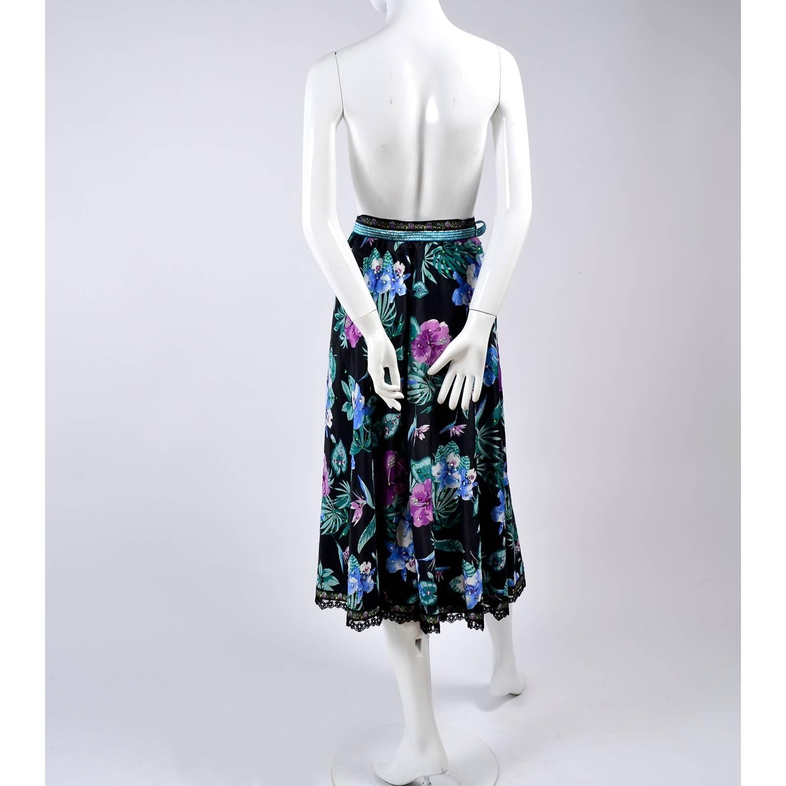 Giorgio di Sant' Angelo Skirt in Black Cotton Floral Print With Sequins, 1980s  1
