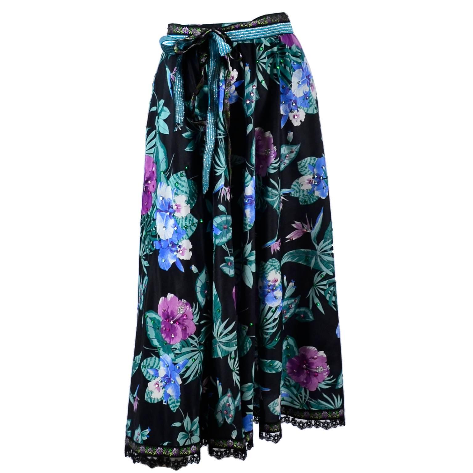 Giorgio di Sant' Angelo Skirt in Black Cotton Floral Print With Sequins, 1980s 