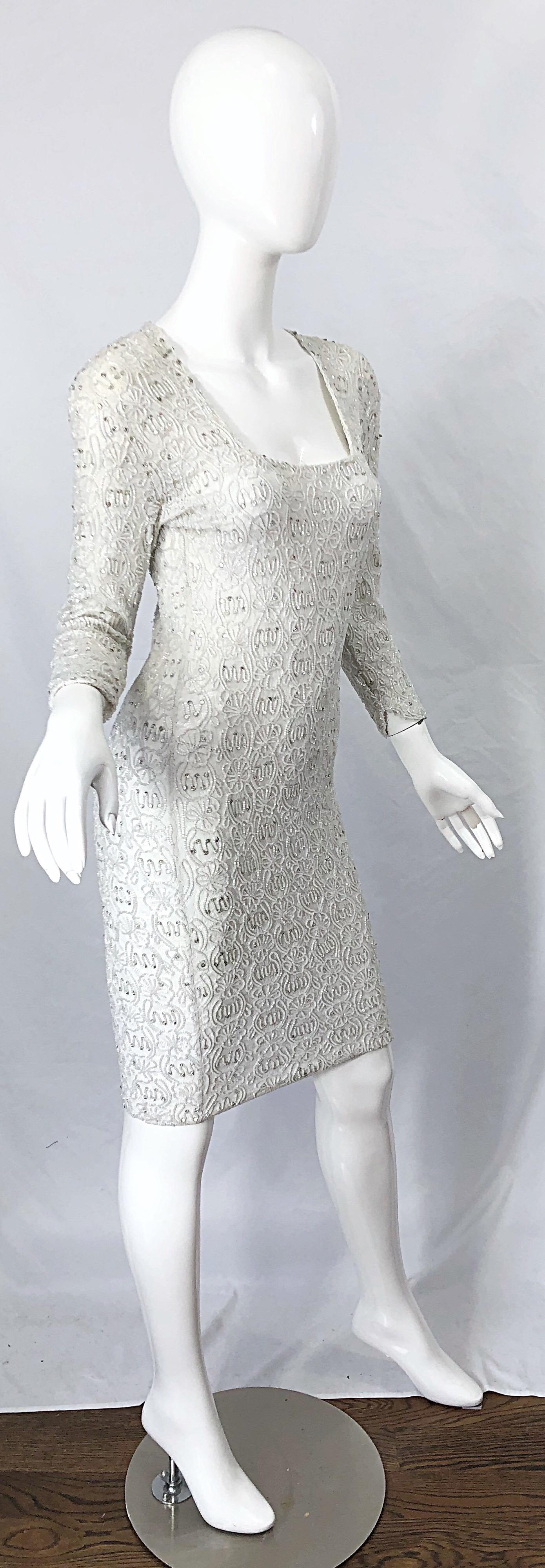 1980s Giorgio di Sant Angelo White Beaded Rhinestone Vintage 80s Bodycon Dress For Sale 3