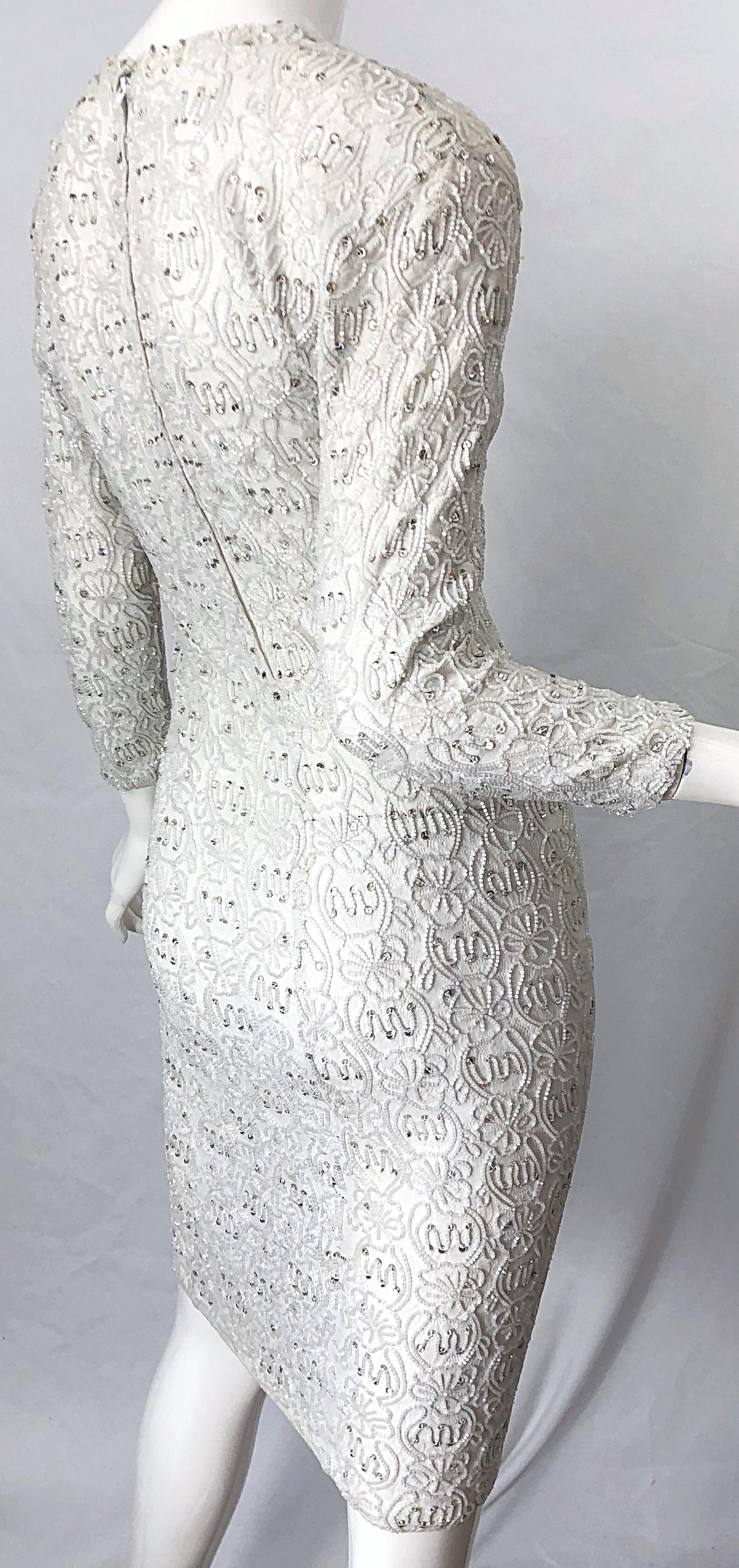 1980s Giorgio di Sant Angelo White Beaded Rhinestone Vintage 80s Bodycon Dress For Sale 4