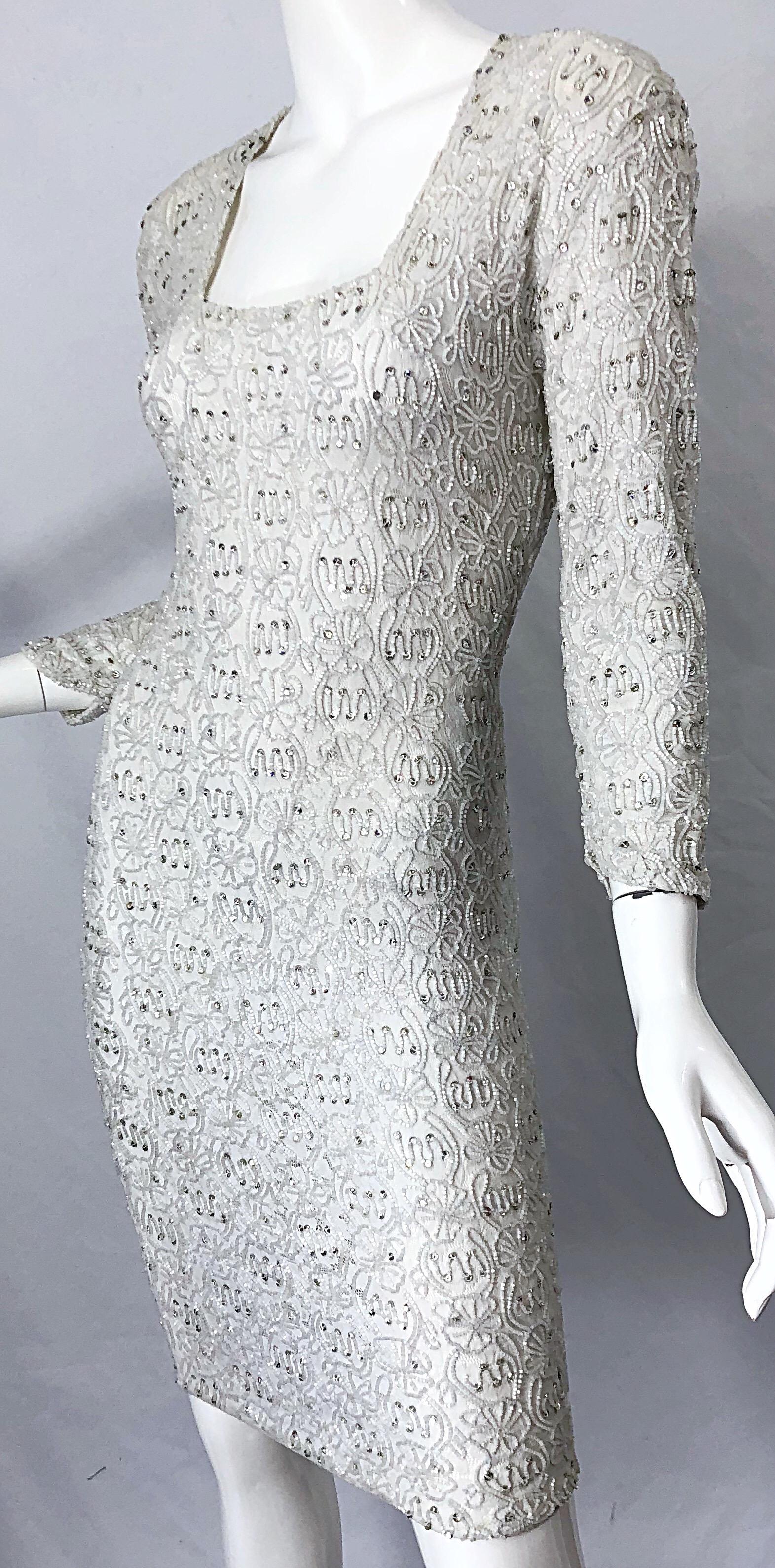 1980s Giorgio di Sant Angelo White Beaded Rhinestone Vintage 80s Bodycon Dress For Sale 5