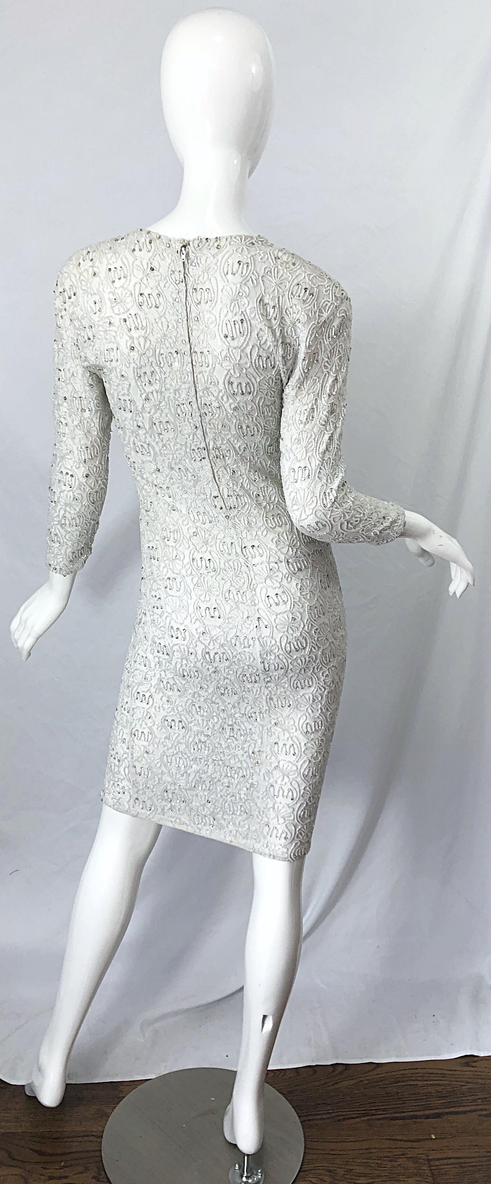 1980s Giorgio di Sant Angelo White Beaded Rhinestone Vintage 80s Bodycon Dress For Sale 6