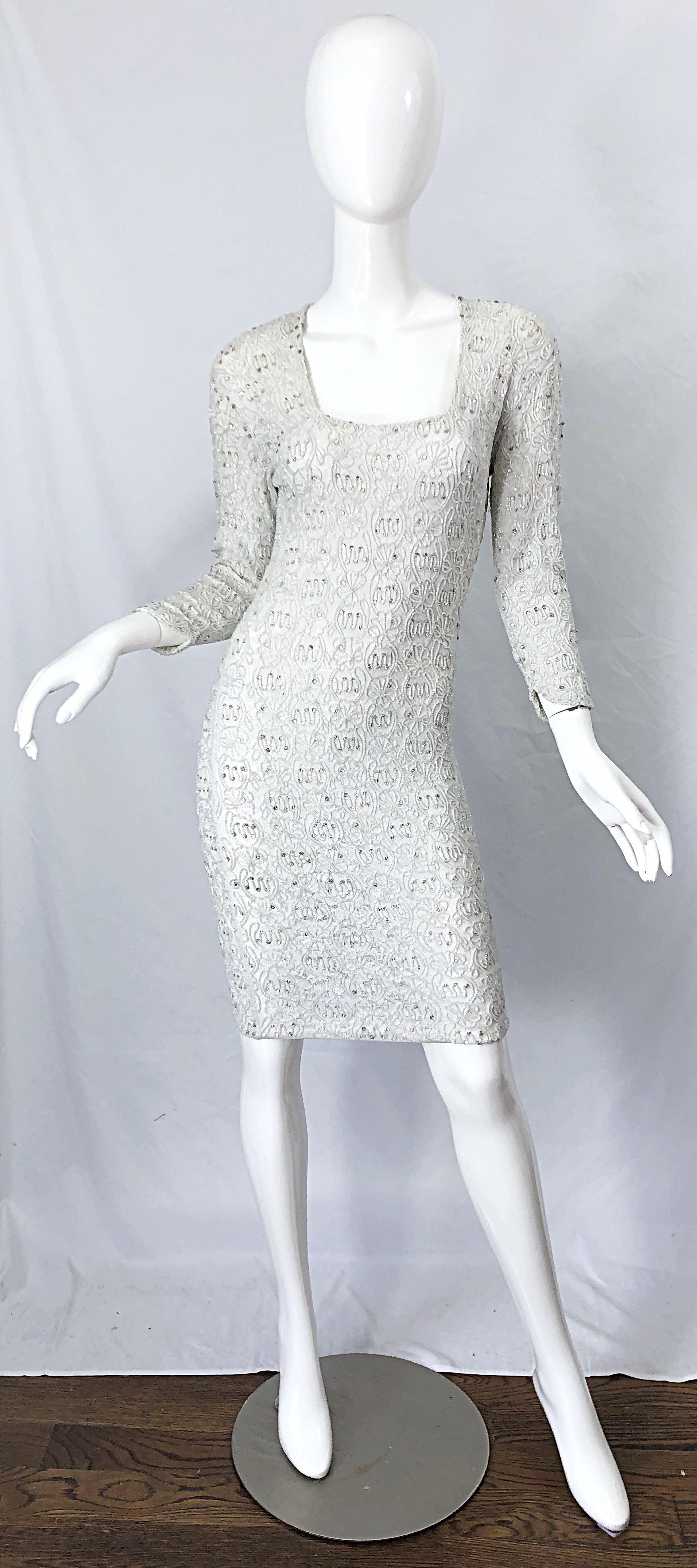 1980s Giorgio di Sant Angelo White Beaded Rhinestone Vintage 80s Bodycon Dress For Sale 7