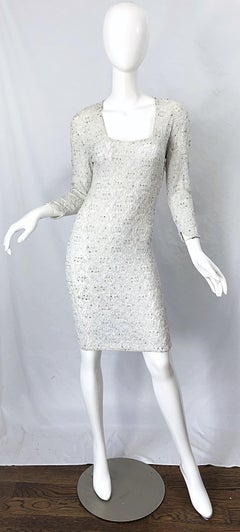 1980s Giorgio di Sant Angelo White Beaded Rhinestone Vintage 80s Bodycon Dress