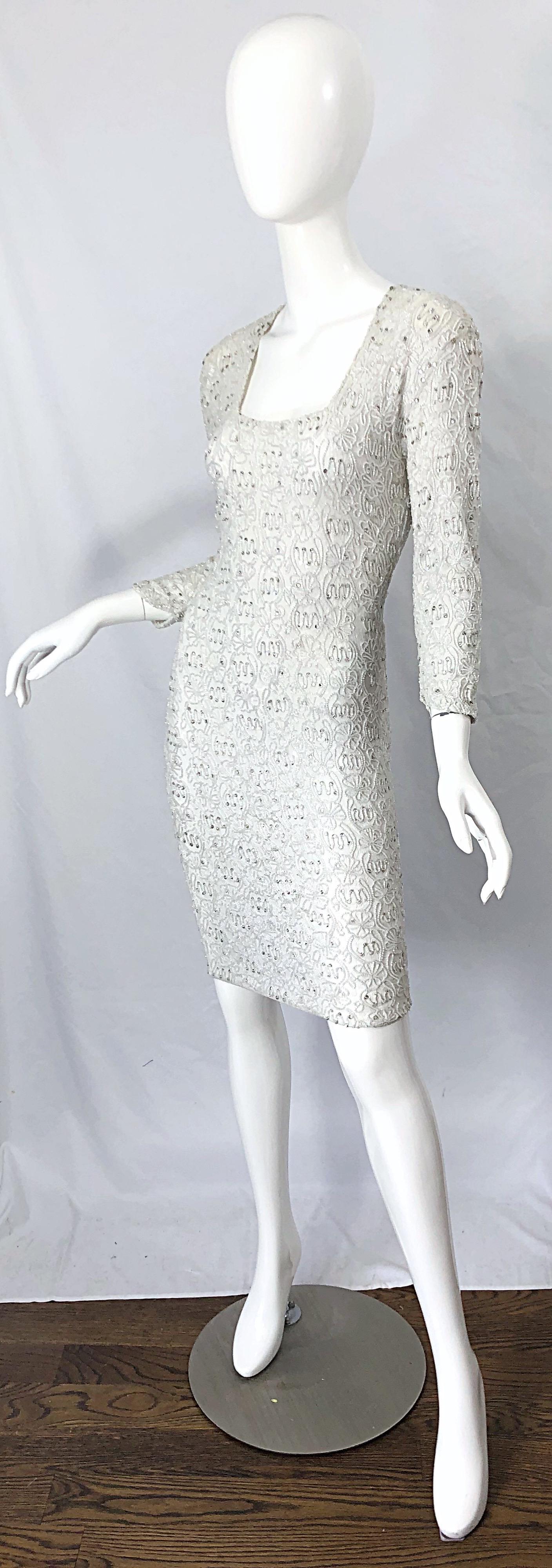 Gray 1980s Giorgio di Sant Angelo White Beaded Rhinestone Vintage 80s Bodycon Dress For Sale