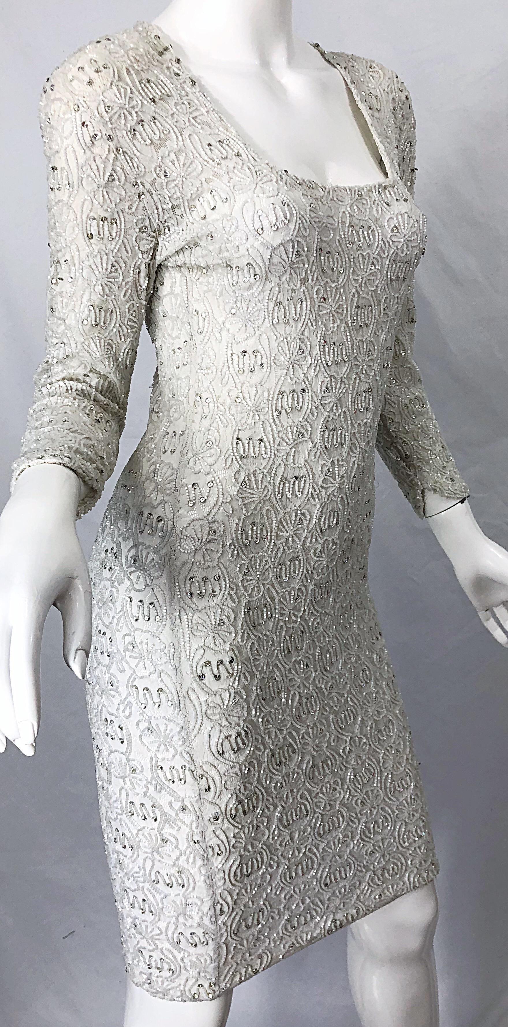 Women's 1980s Giorgio di Sant Angelo White Beaded Rhinestone Vintage 80s Bodycon Dress For Sale