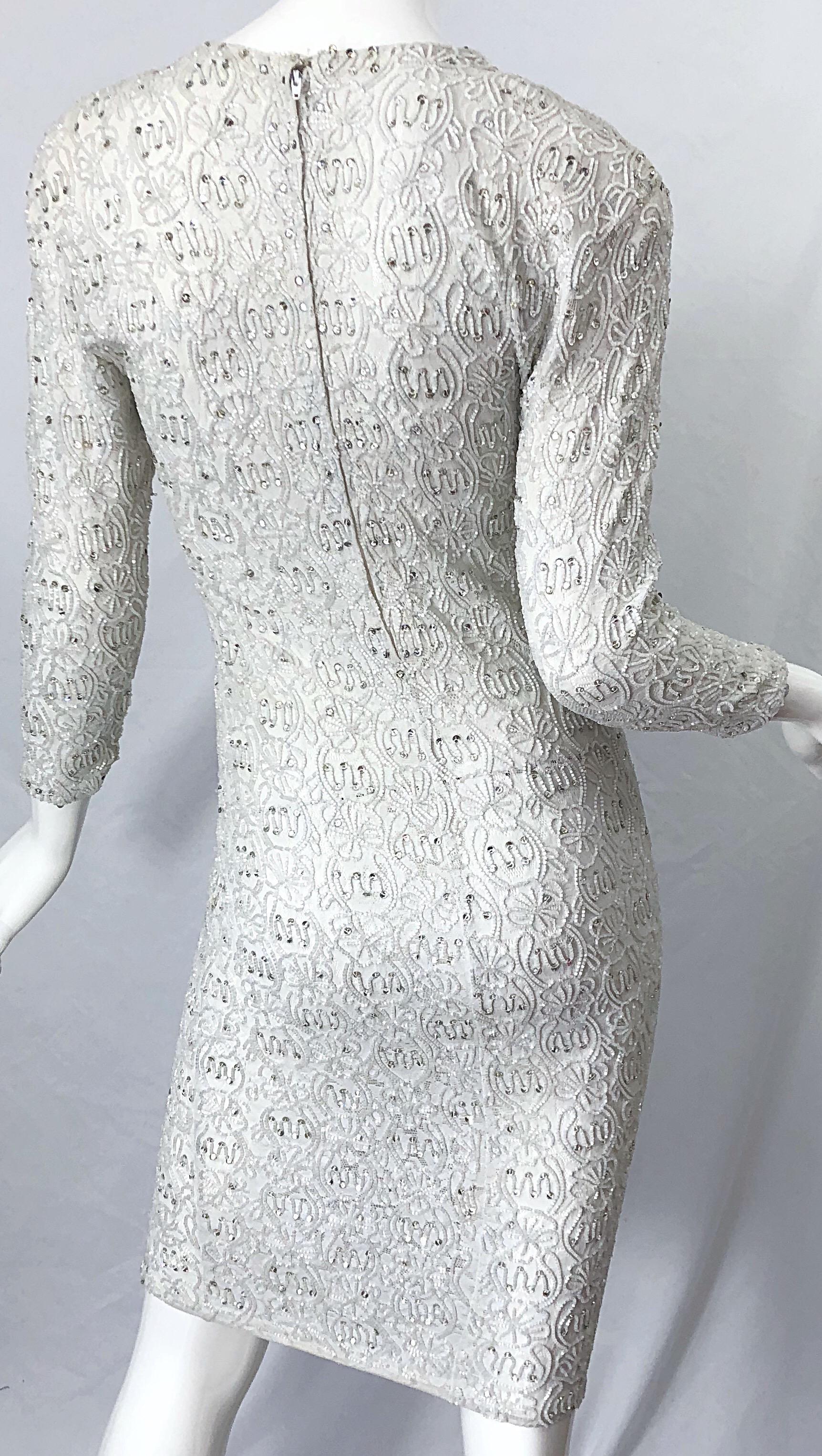 1980s Giorgio di Sant Angelo White Beaded Rhinestone Vintage 80s Bodycon Dress For Sale 1