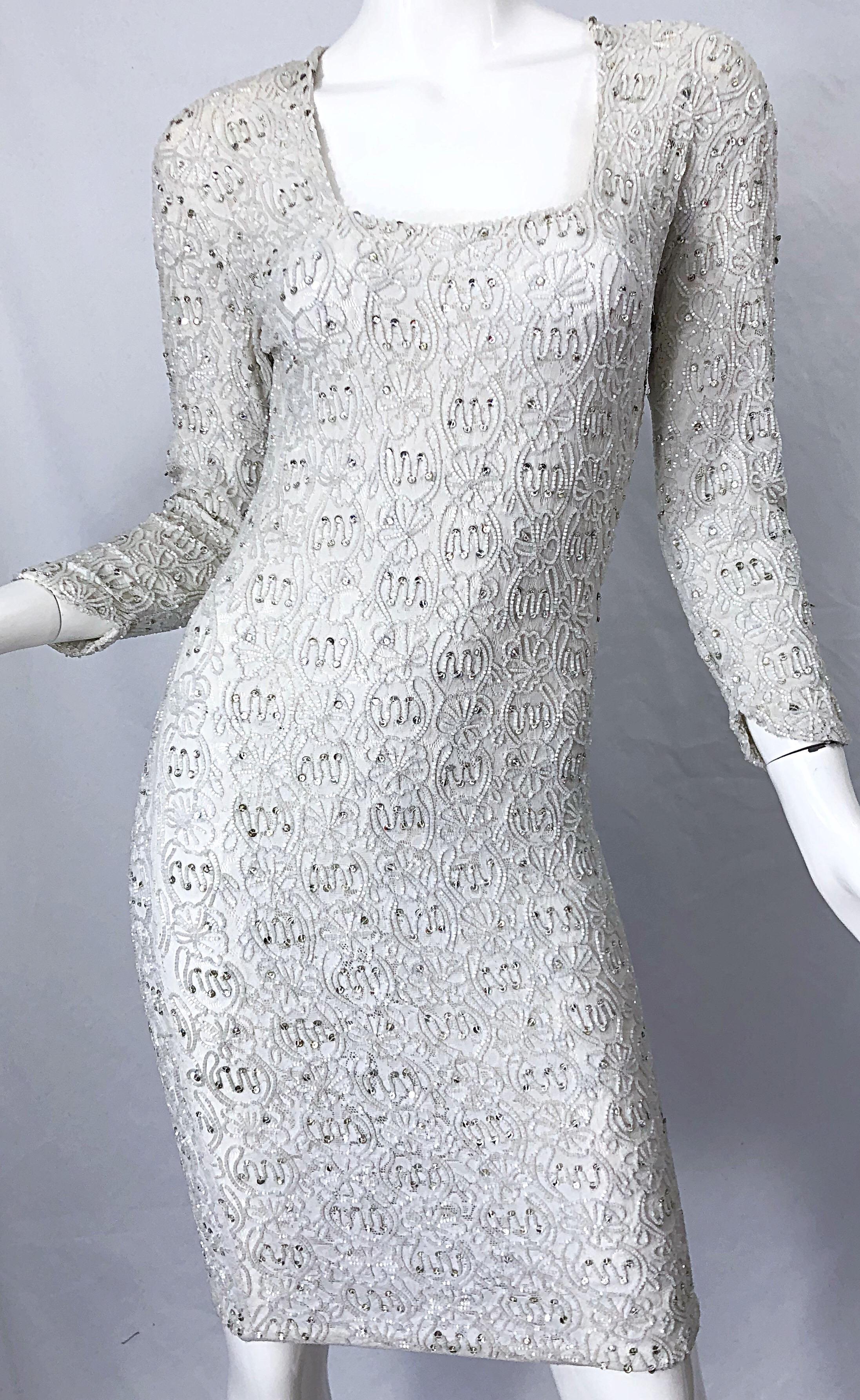 1980s Giorgio di Sant Angelo White Beaded Rhinestone Vintage 80s Bodycon Dress For Sale 2