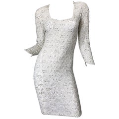 1980s Giorgio di Sant Angelo White Beaded Rhinestone Retro 80s Bodycon Dress