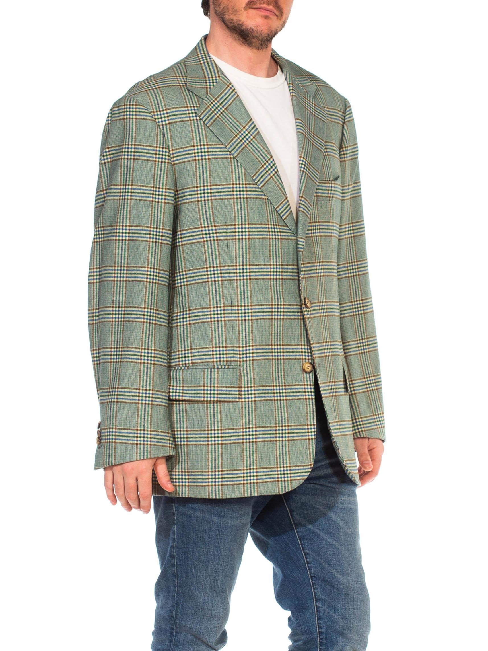 1980S GIORGIO's OF PALM BEACH Multicolor Green Wool Plaid Men's Blazer In Good Condition For Sale In New York, NY