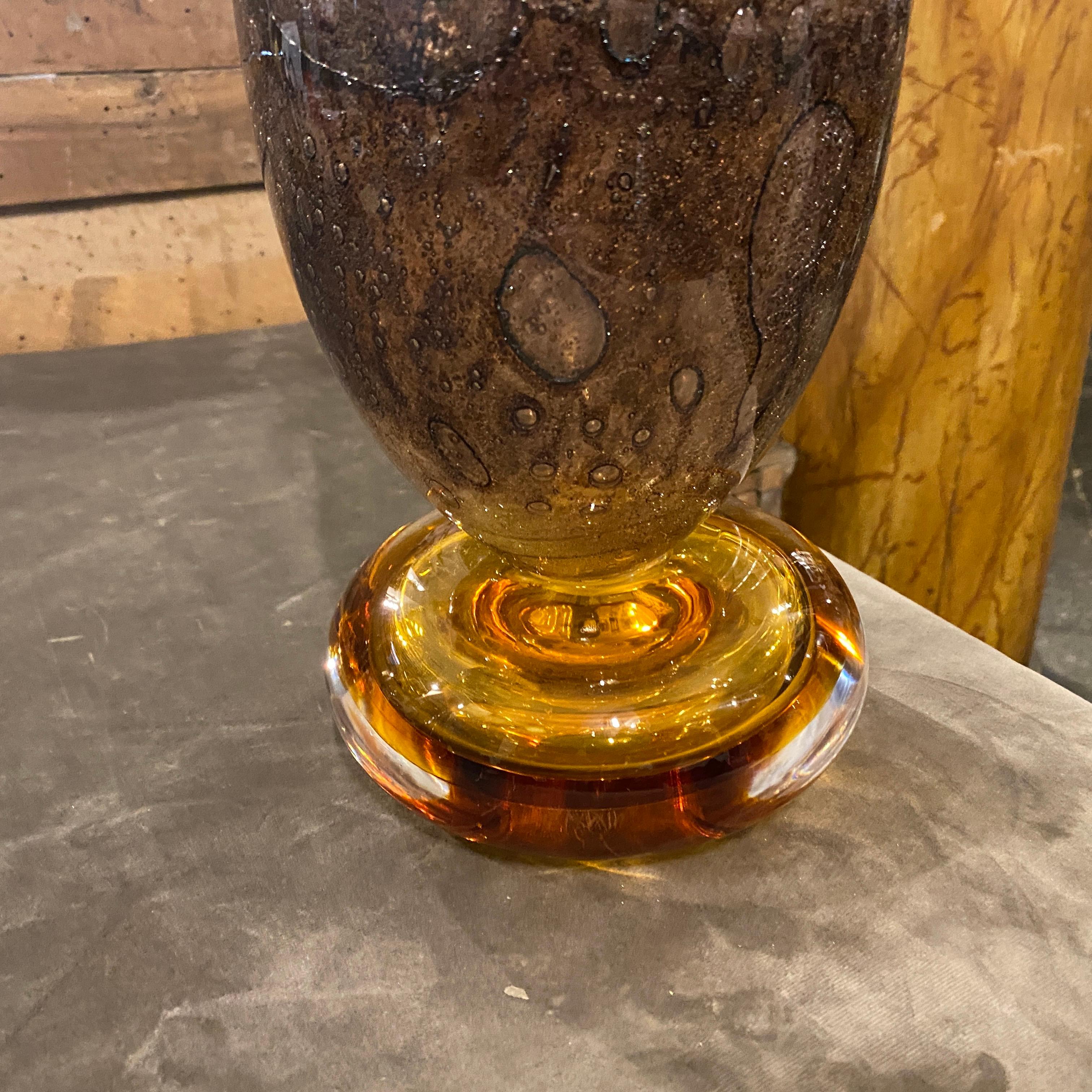 An extremely rare vase designed and manufactured in Murano by Giovanni Cenedese. Its acid signed on a side, brown and amber bubble murano glass  it's in very good conditions. The Vase is a striking example of Italian glassmaking mastery and