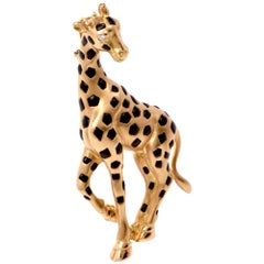 1980s Giraffe 18 Karat Gold Diamond Black Enamel and Pin Brooch