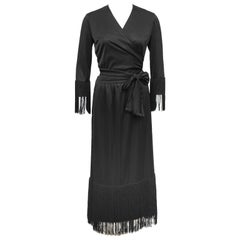 Retro 1980s Givenchy Black 2 Piece Wrap Set with Fringe 