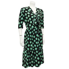 1980s Givenchy Black and Green Leaf Print Dress