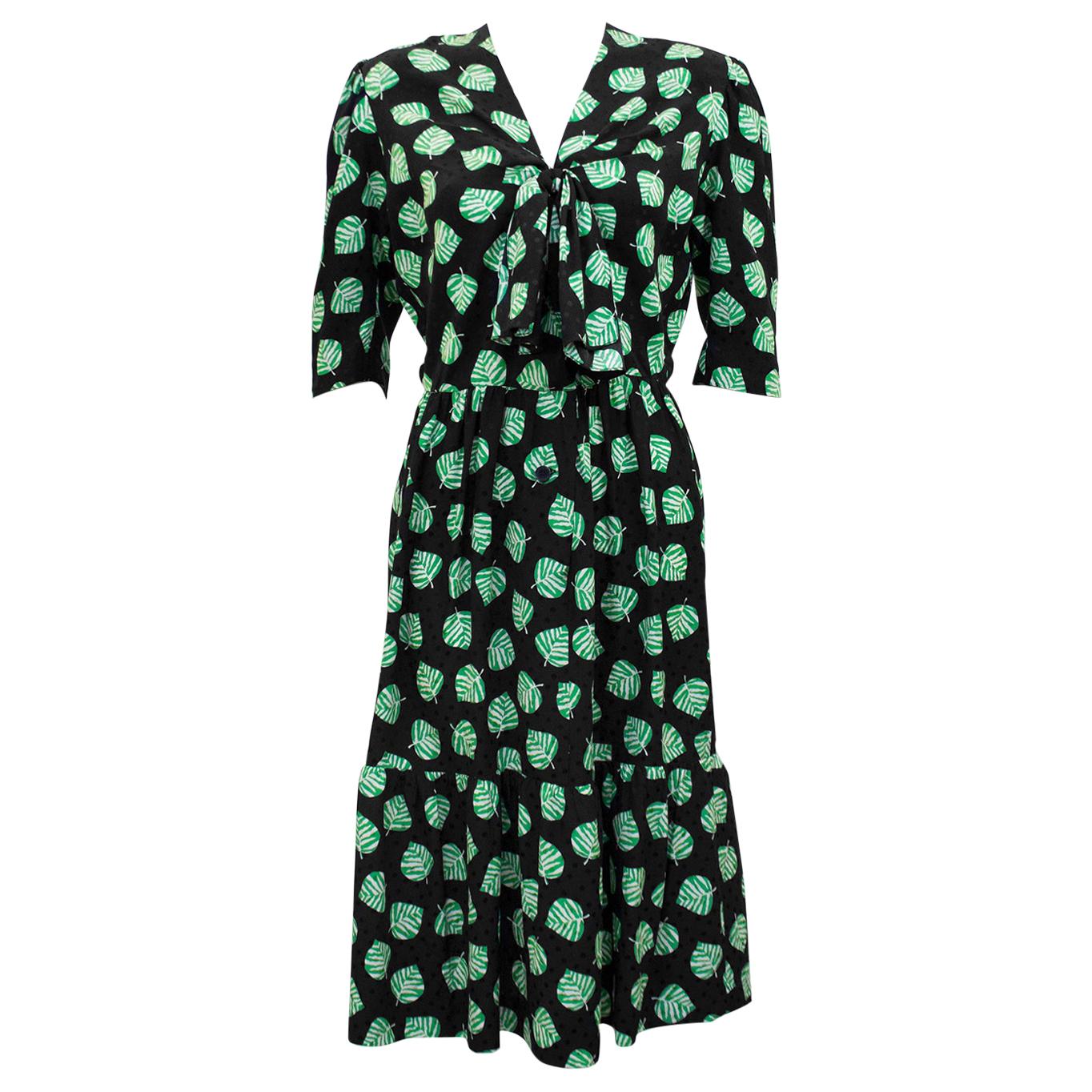1980s Givenchy Black and Green Leaf Print Dress  For Sale