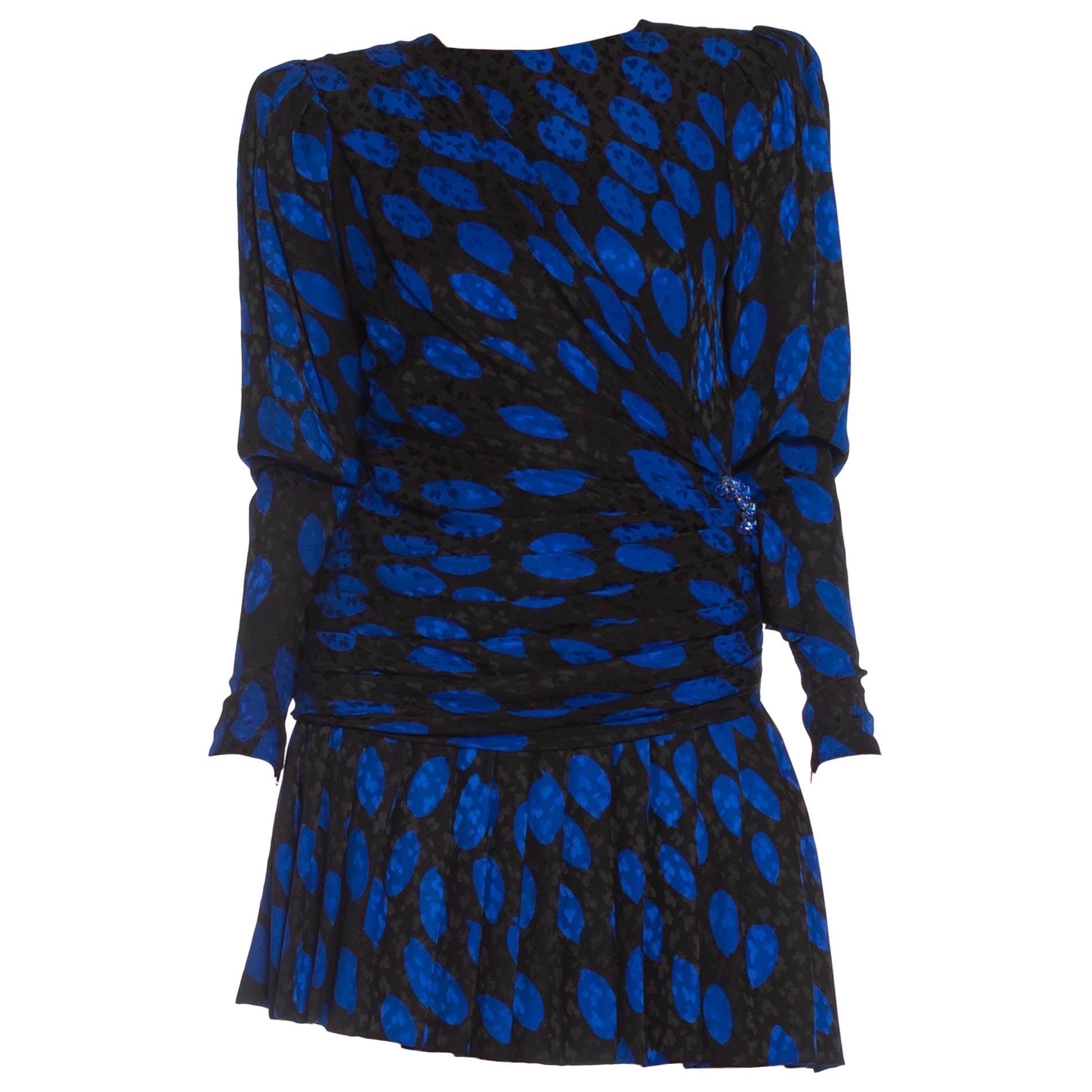 1980S GIVENCHY Black & Blue Haute Couture Silk Jacquard Draped Cocktail Dress W For Sale 6