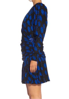 1980S GIVENCHY Black & Blue Haute Couture Silk Jacquard Draped Cocktail Dress W