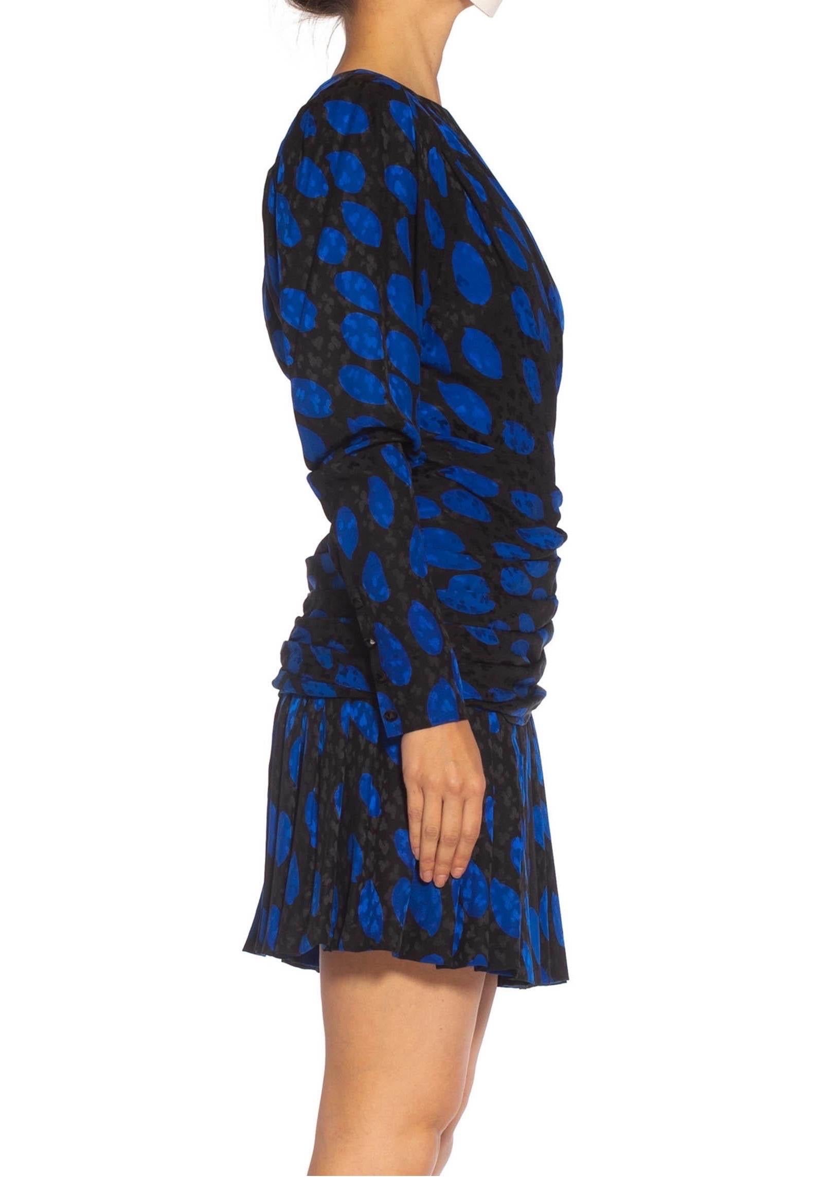 1980S GIVENCHY Black & Blue Haute Couture Silk Jacquard Draped Cocktail Dress W In Excellent Condition For Sale In New York, NY