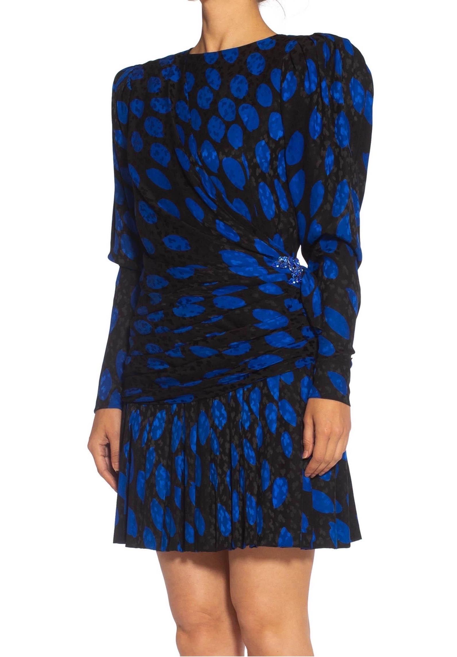 Women's 1980S GIVENCHY Black & Blue Haute Couture Silk Jacquard Draped Cocktail Dress W For Sale
