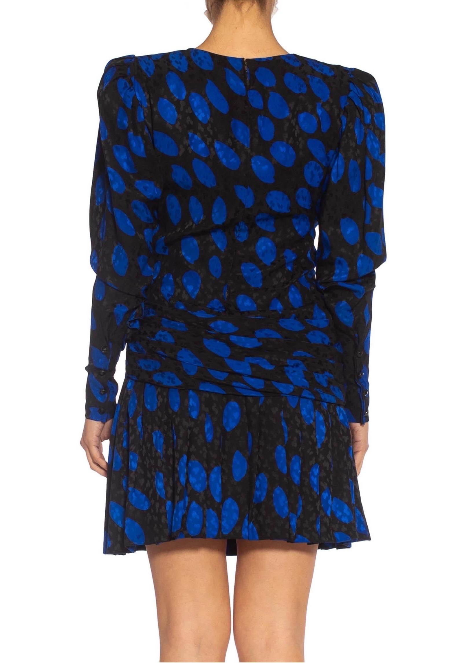 1980S GIVENCHY Black & Blue Haute Couture Silk Jacquard Draped Cocktail Dress W For Sale 1