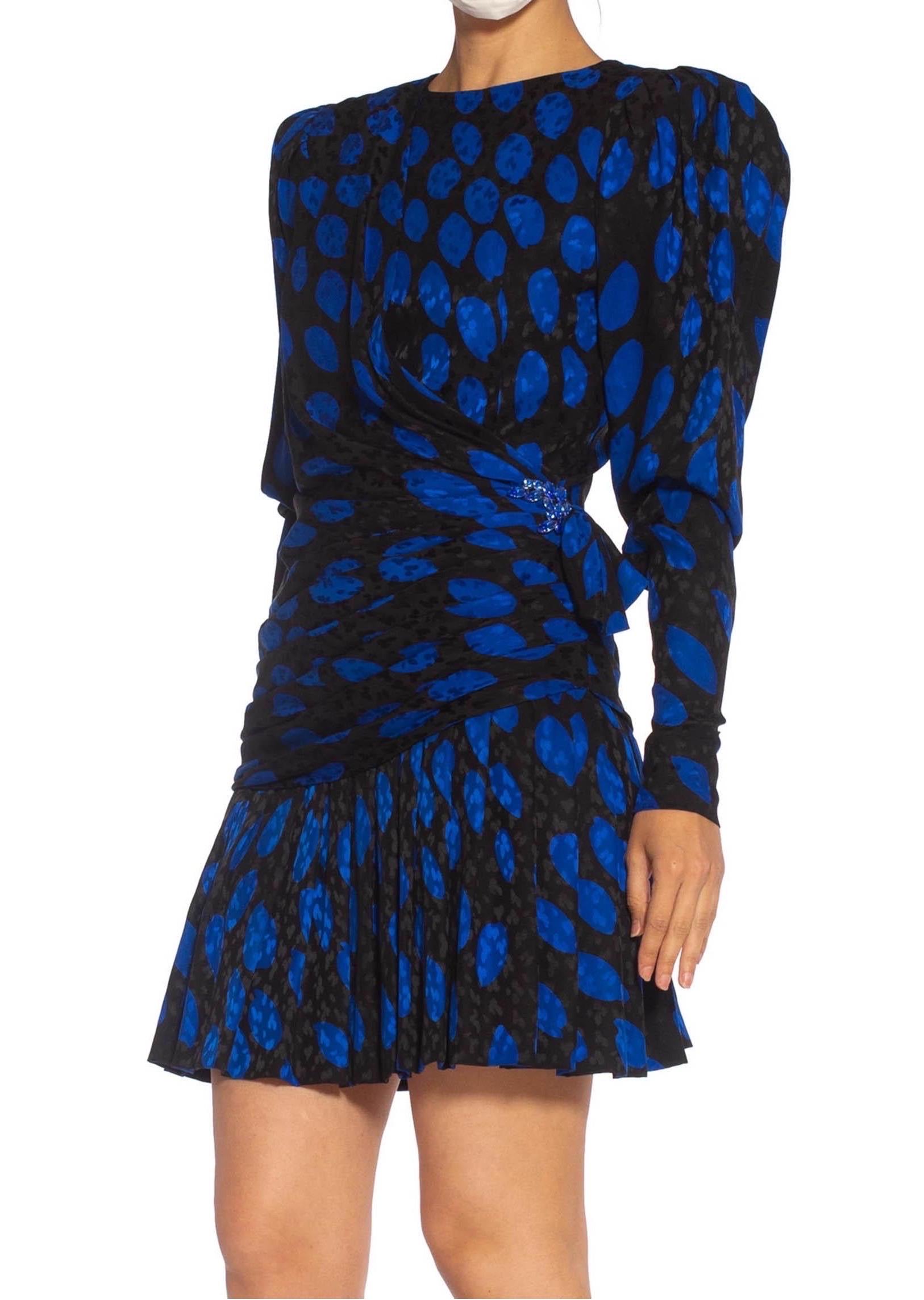 1980S GIVENCHY Black & Blue Haute Couture Silk Jacquard Draped Cocktail Dress W For Sale 2