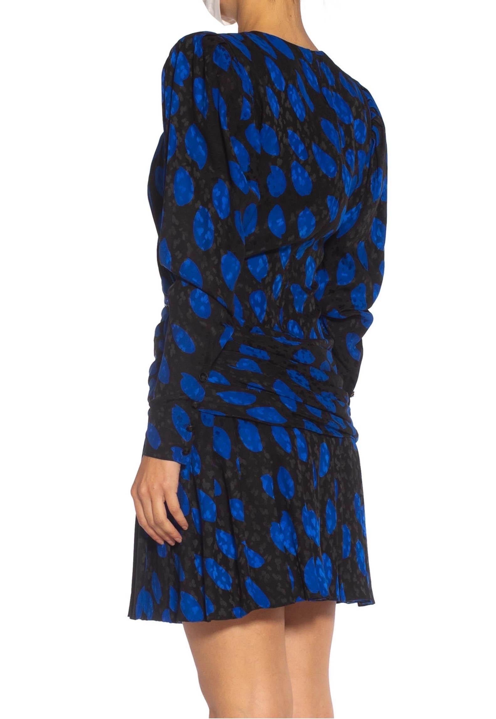 1980S GIVENCHY Black & Blue Haute Couture Silk Jacquard Draped Cocktail Dress W For Sale 5