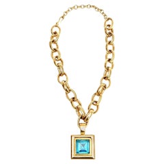 1980's Givenchy Brass Chain Link Necklace With Turquoise Glass Medallion