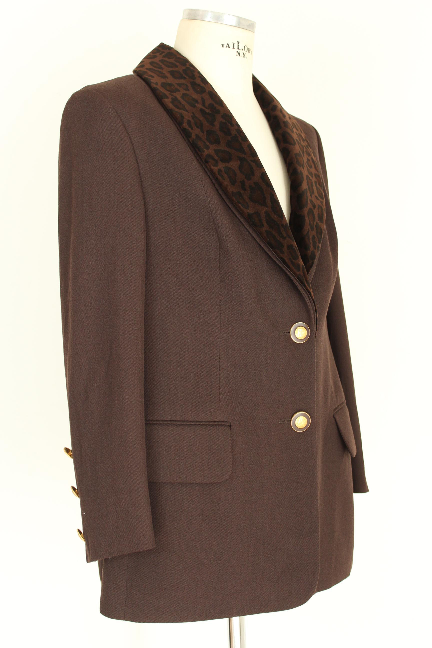 Givenchy Brown Wool Neck Leopard Long Evening Jacket 1990s In Excellent Condition In Brindisi, Bt