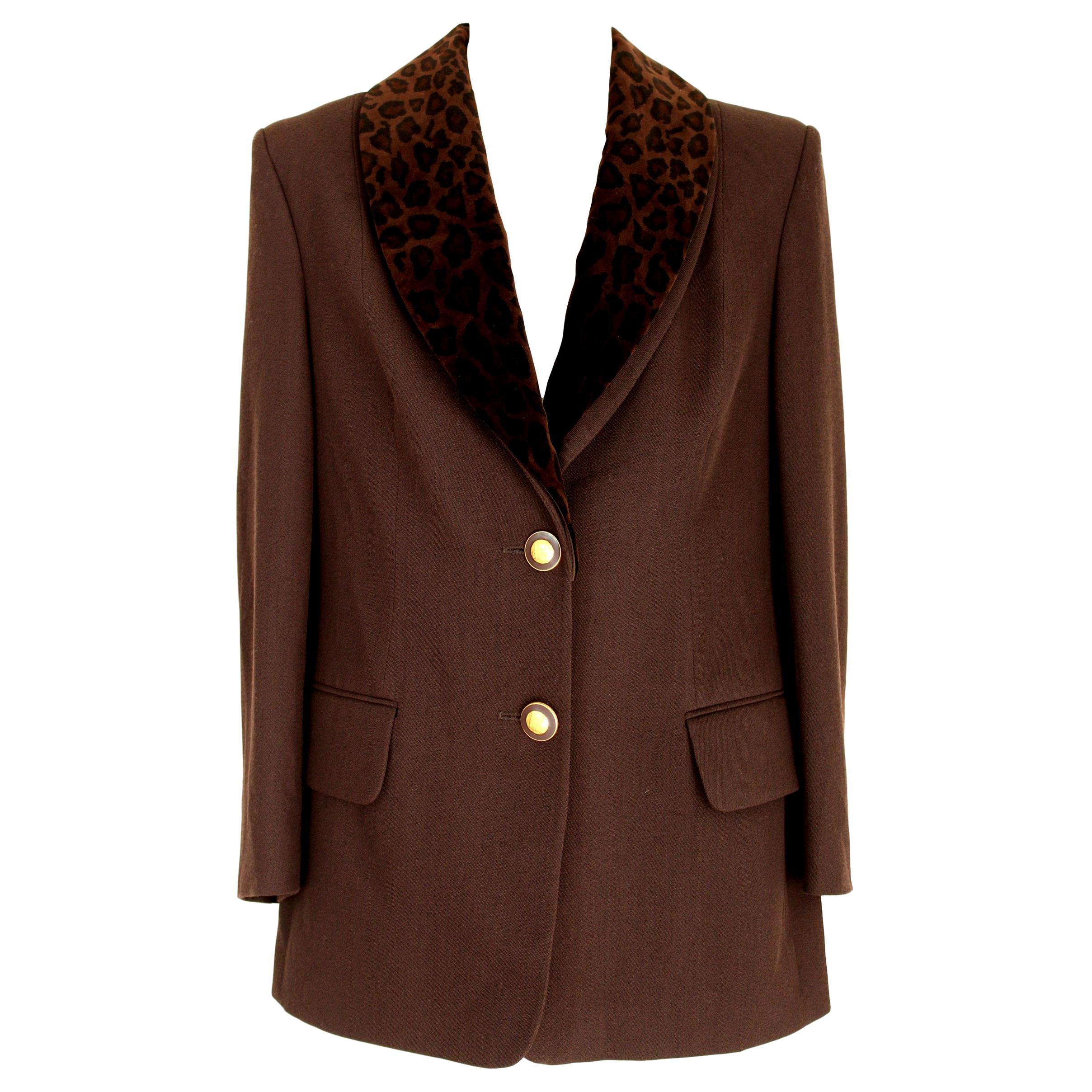 Givenchy Brown Wool Neck Leopard Long Evening Jacket 1990s